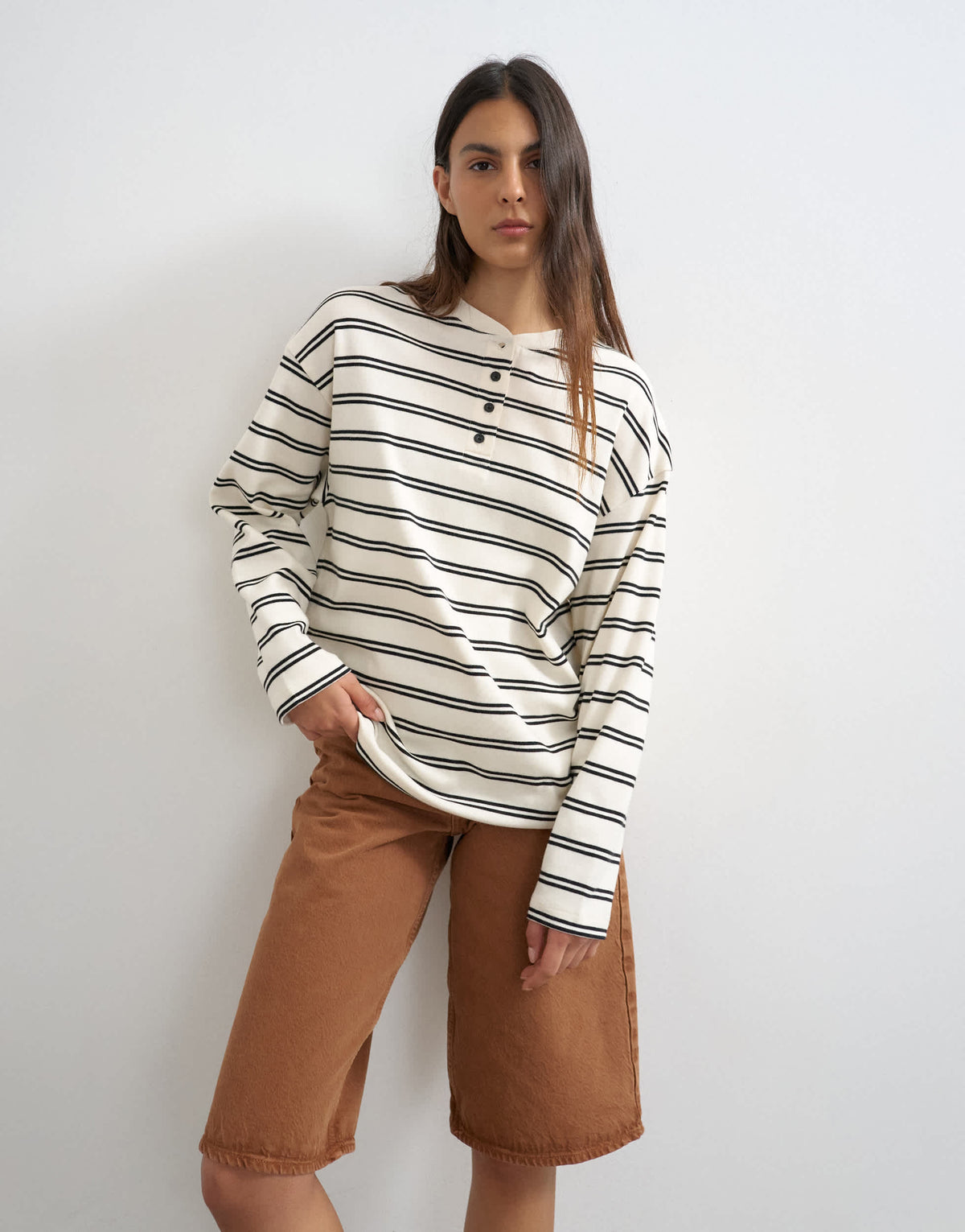 Topshop long sleeve striped henley in mono