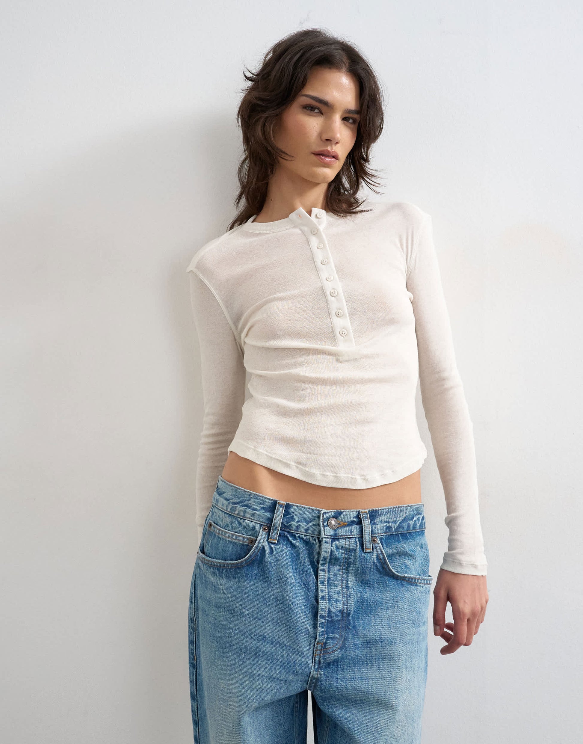 Topshop fitted long sleeve henley in ecru