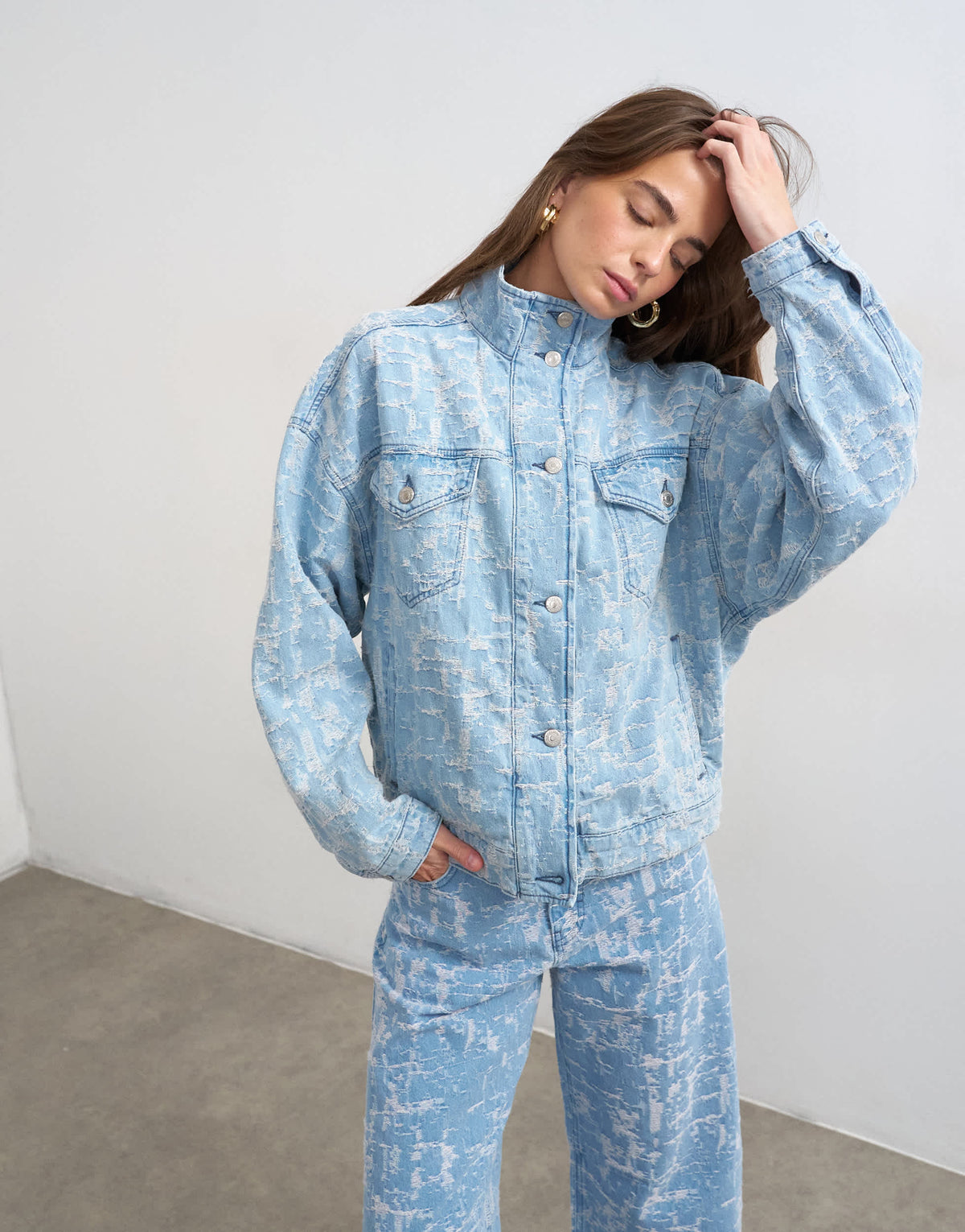 Topshop denim funnel neck elastic hem detail jacket ultra-distressed bleach