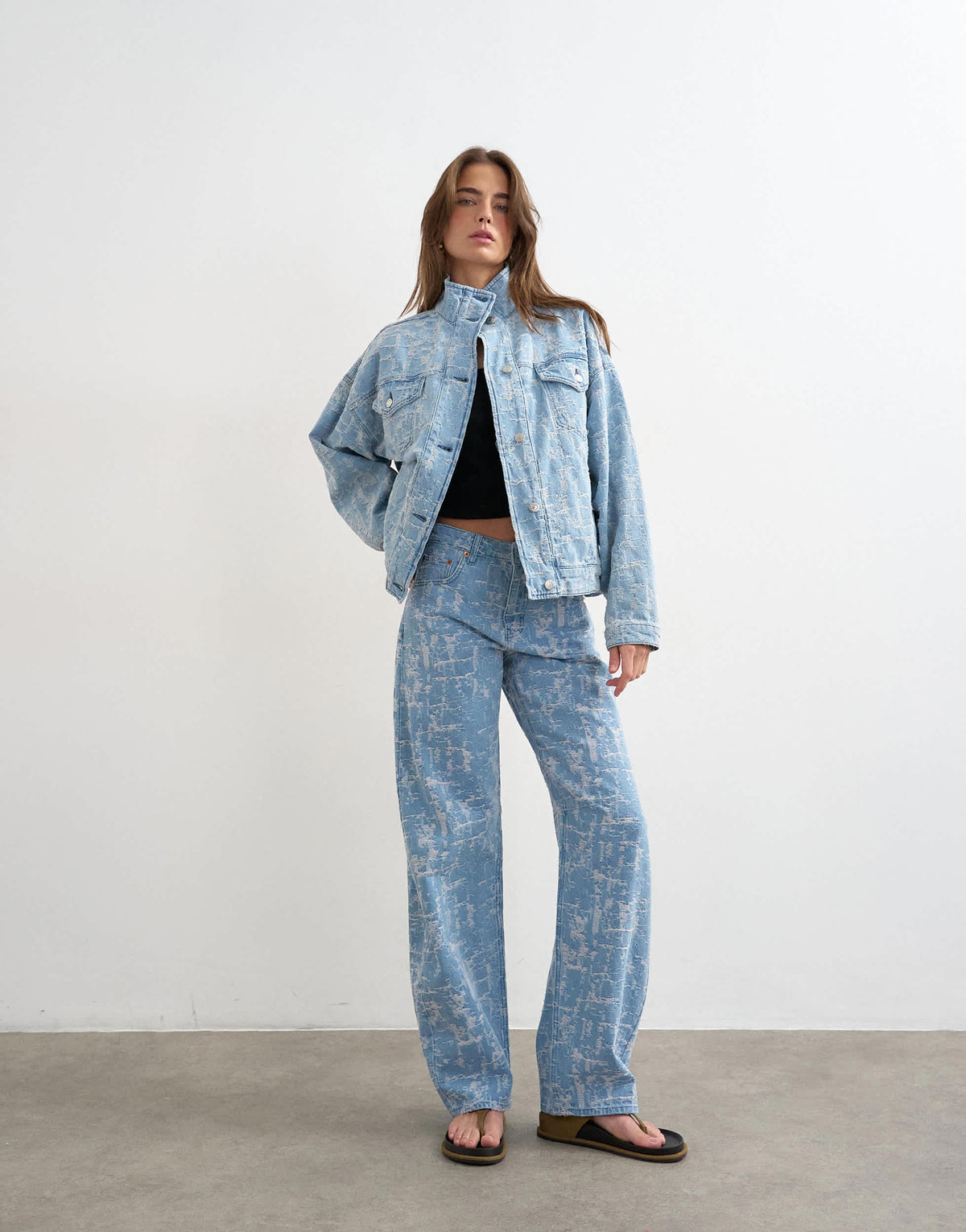 Topshop denim funnel neck elastic hem detail jacket ultra-distressed bleach