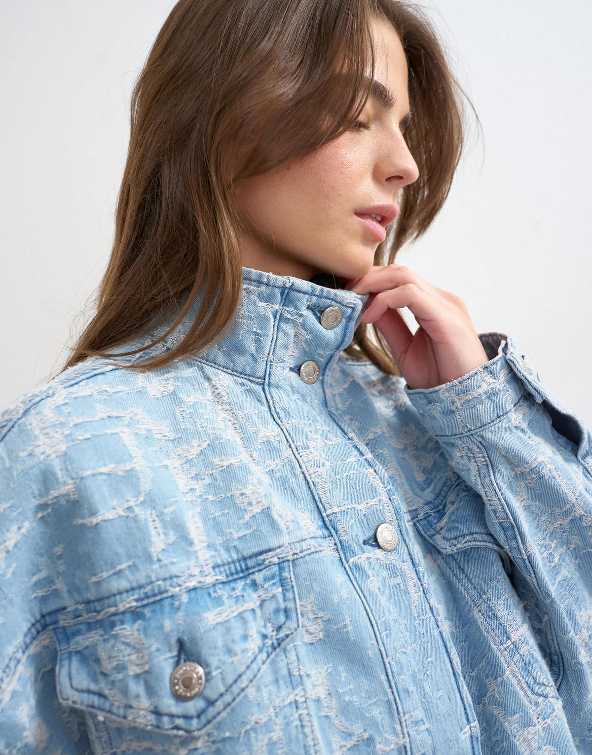 Topshop denim funnel neck elastic hem detail jacket ultra-distressed bleach