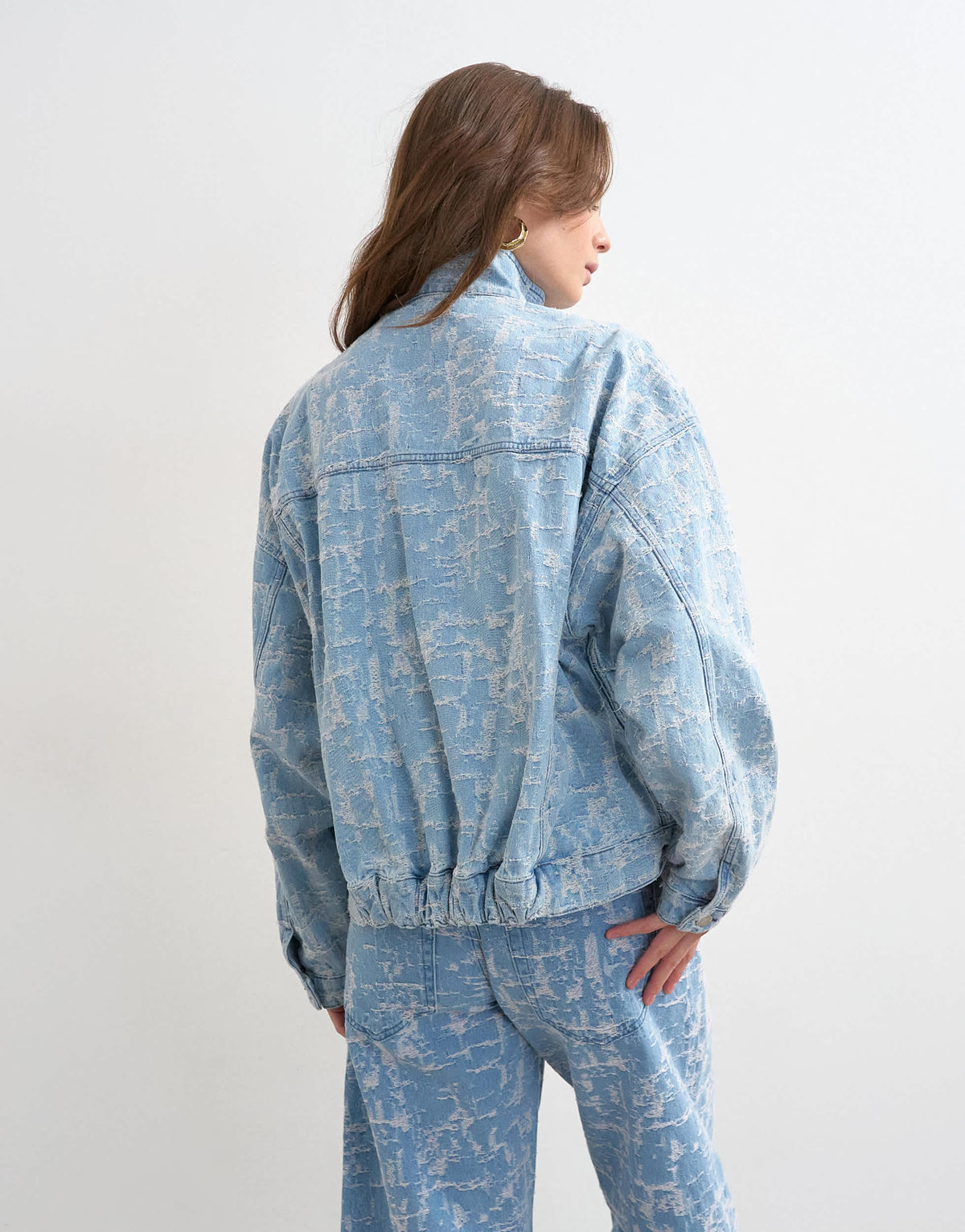 Topshop denim funnel neck elastic hem detail jacket ultra-distressed bleach