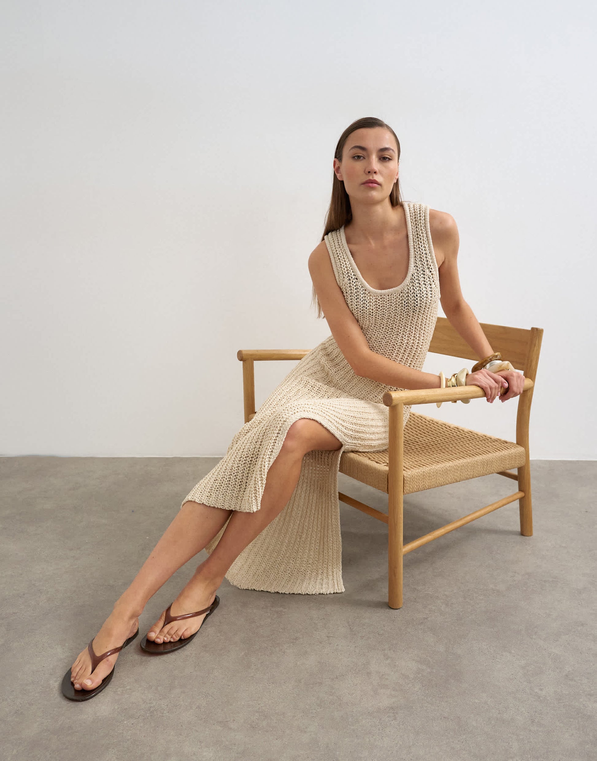 Topshop knitted low scoop crochet maxi dress in neutral stone