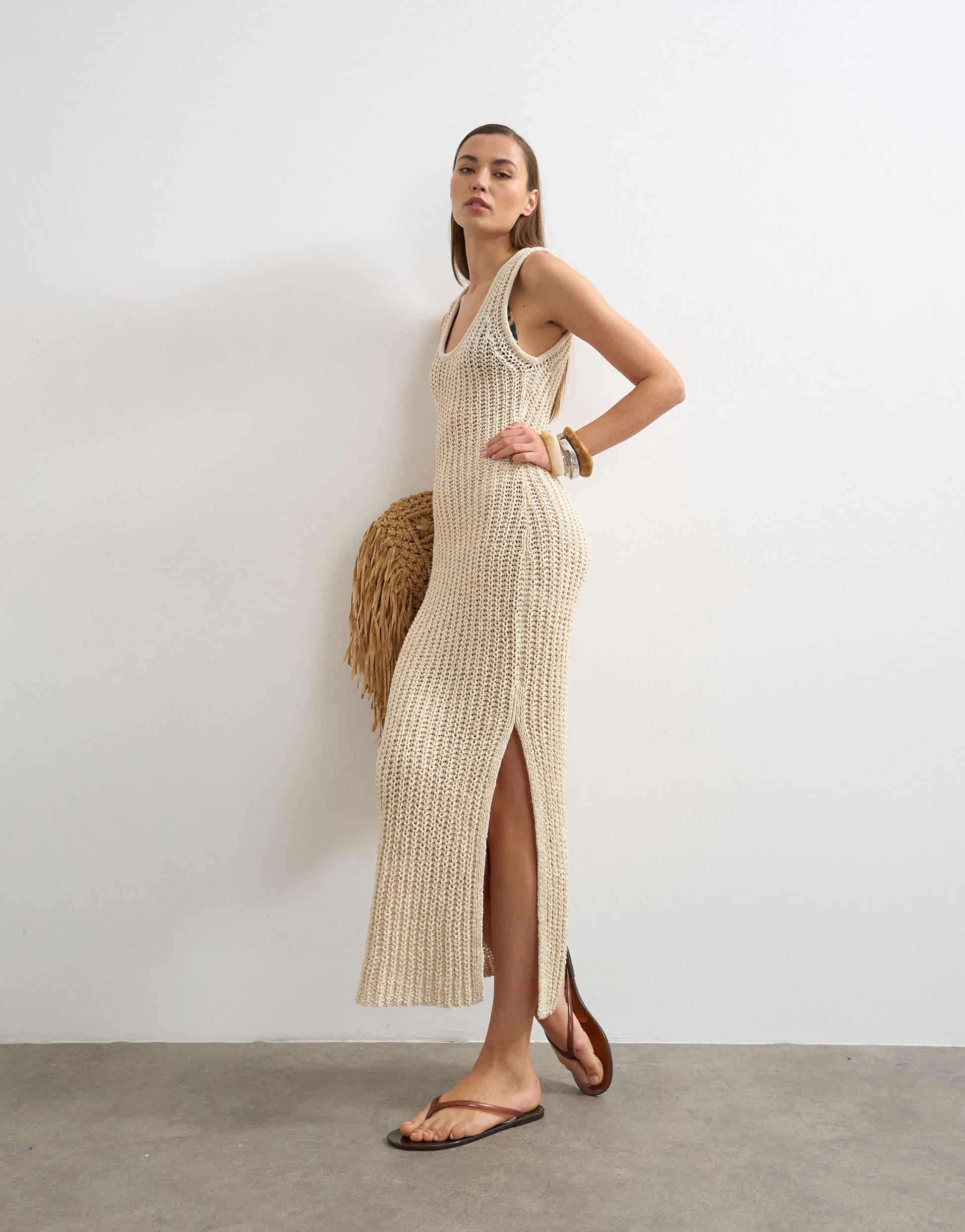 Topshop knitted low scoop crochet maxi dress in neutral stone