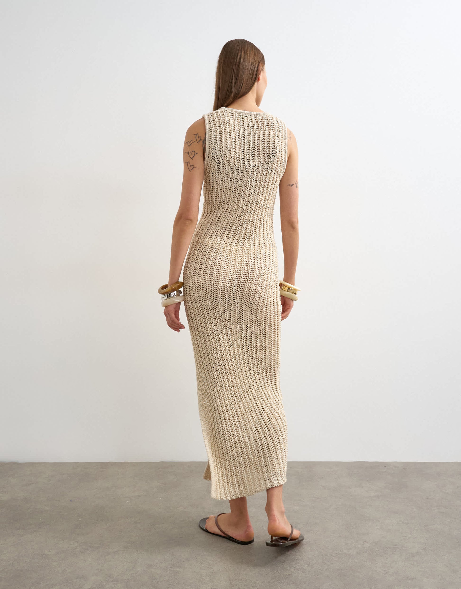 Topshop knitted low scoop crochet maxi dress in neutral stone