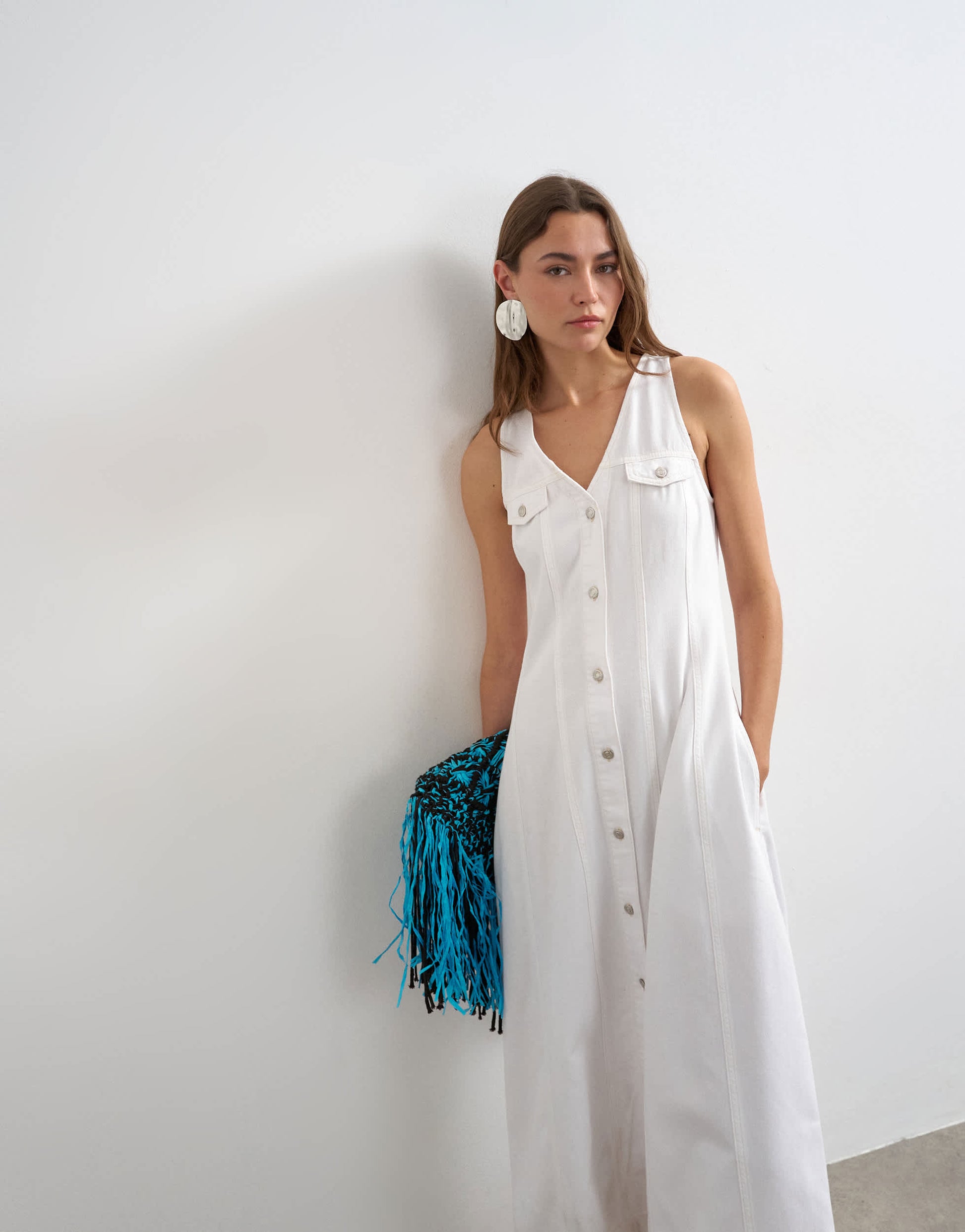 Topshop denim v neck button through maxi dress in bone