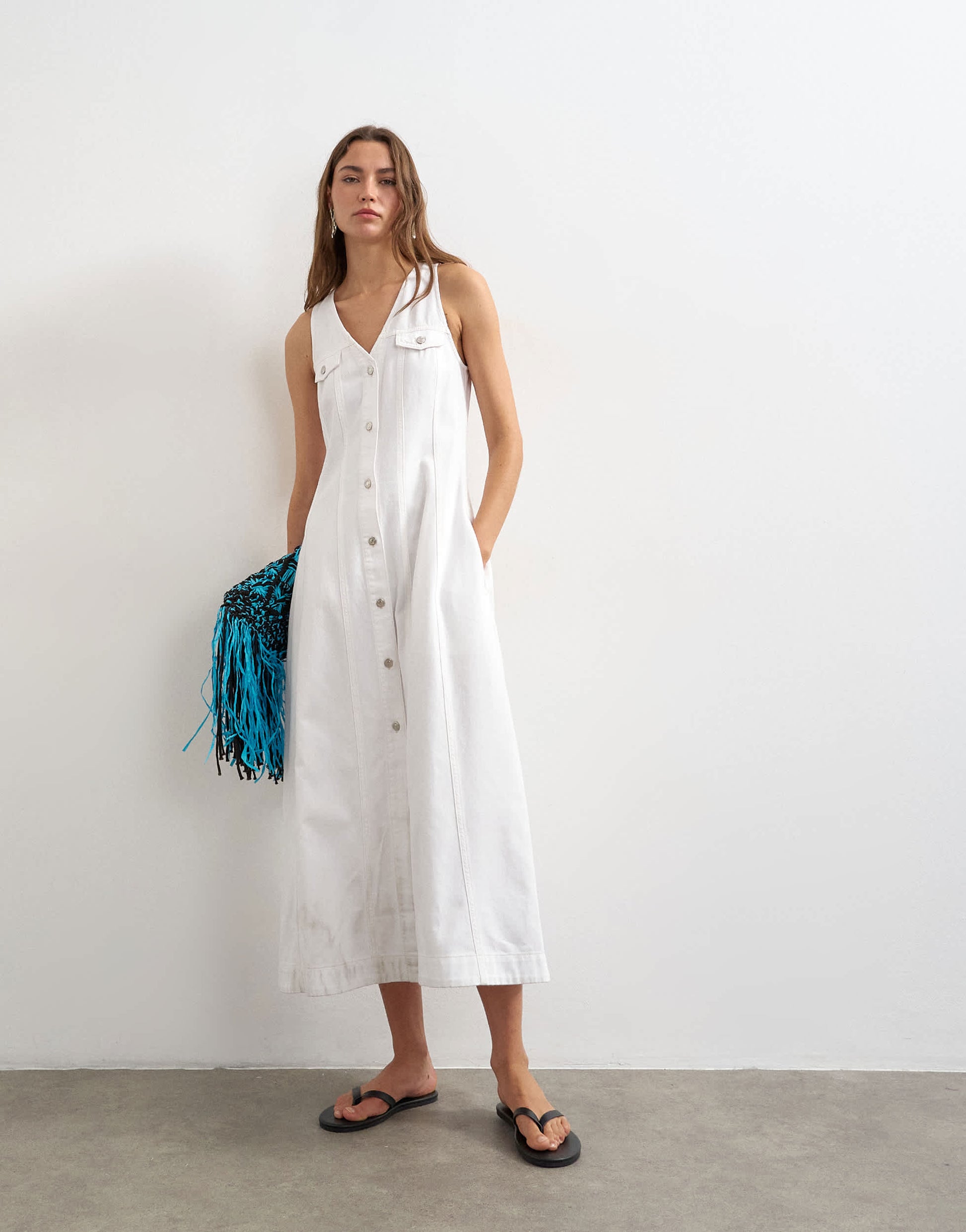 Topshop denim v neck button through maxi dress in bone