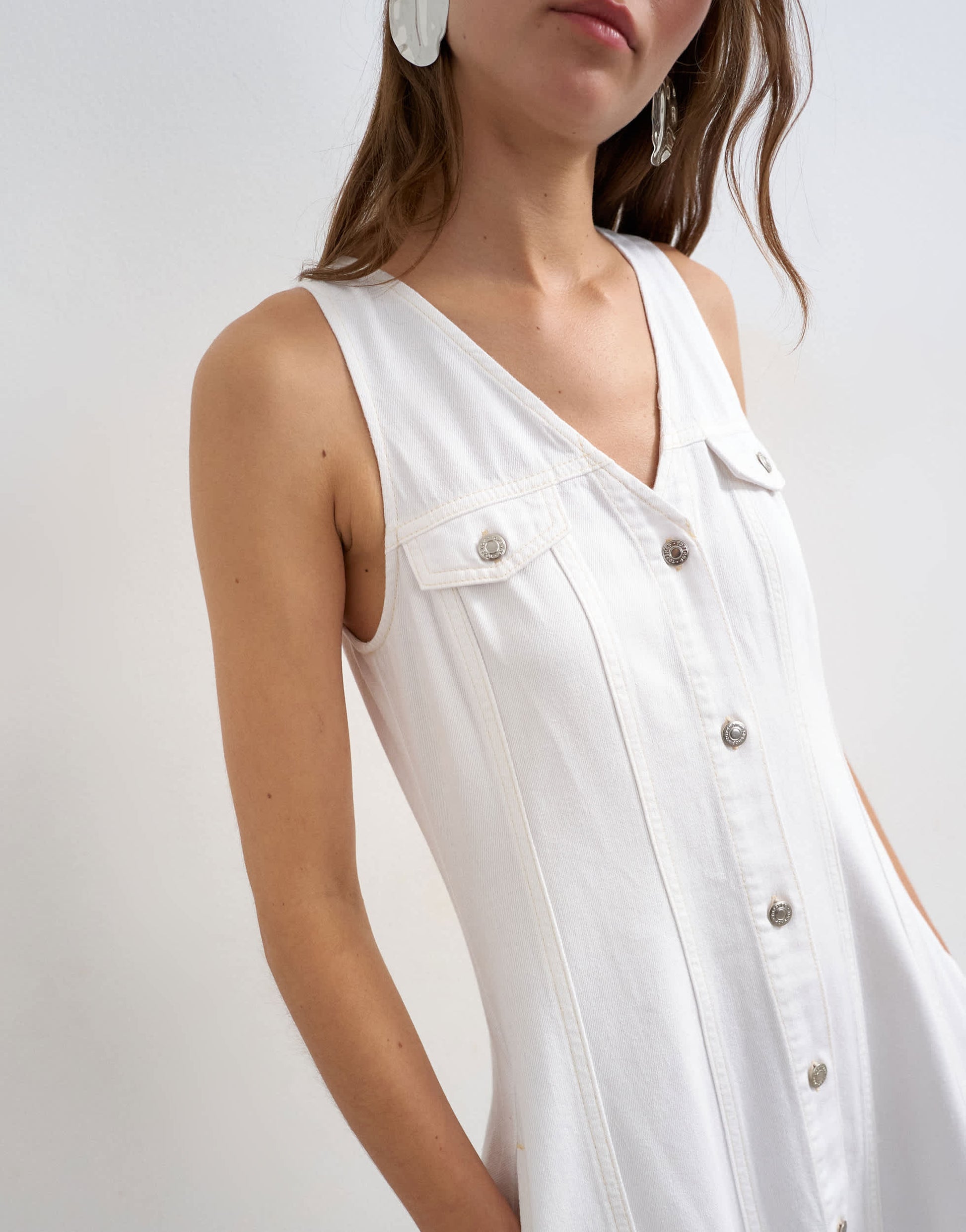 Topshop denim v neck button through maxi dress in bone
