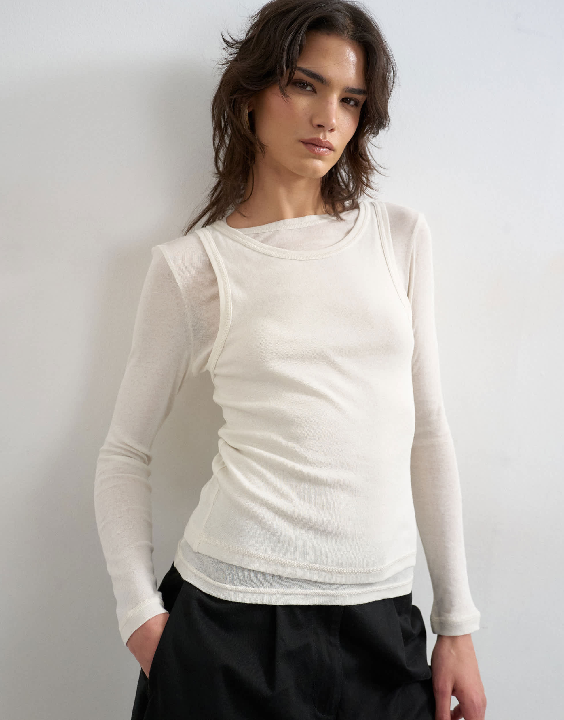 Topshop double layer long sleeve top in ecru