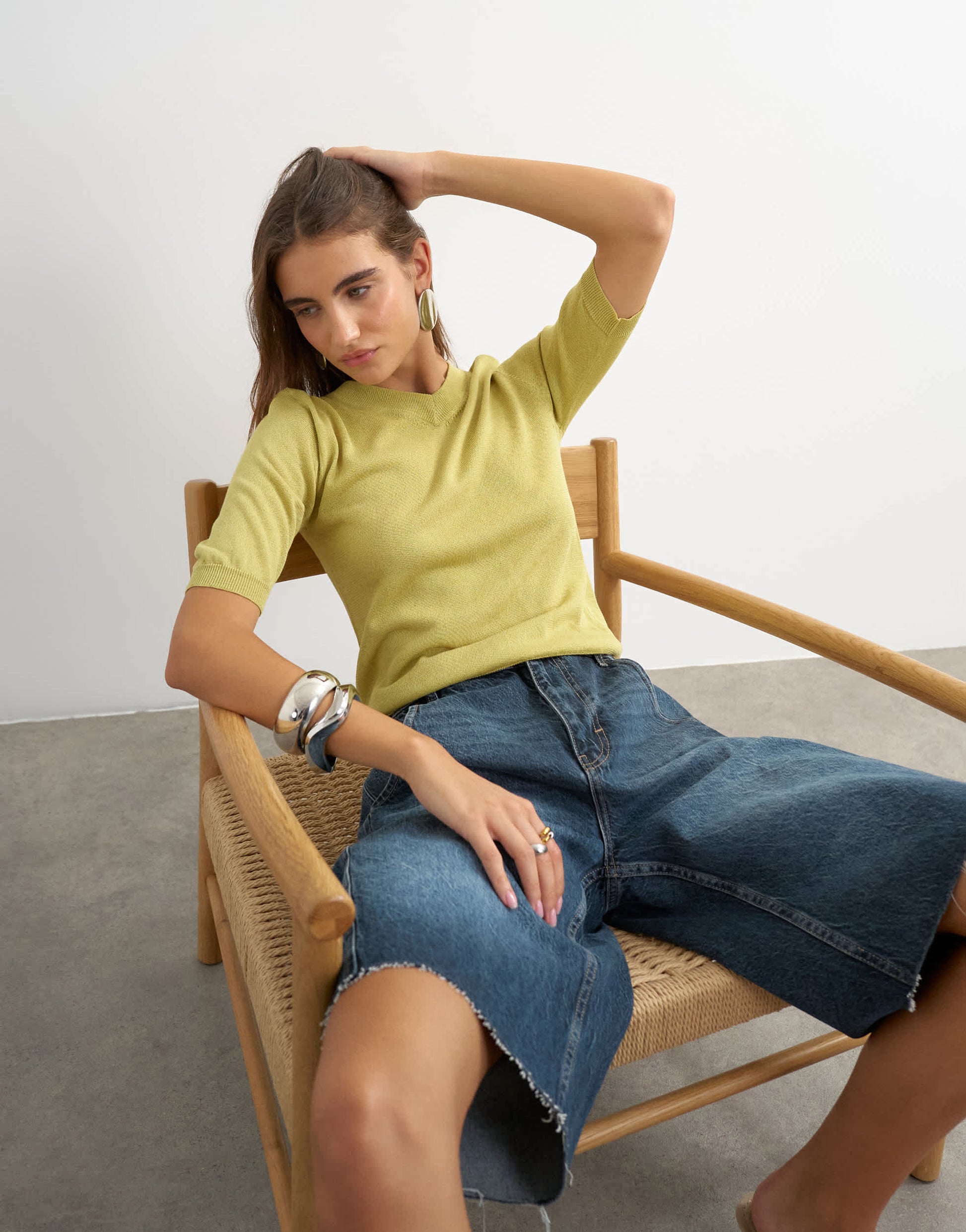 Topshop knitted short sleeve polo v neck top in lime