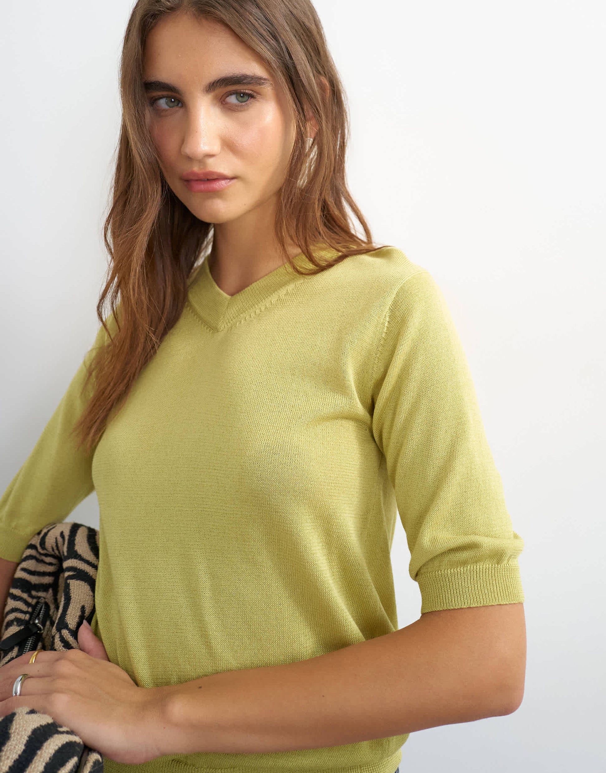Topshop knitted short sleeve polo v neck top in lime