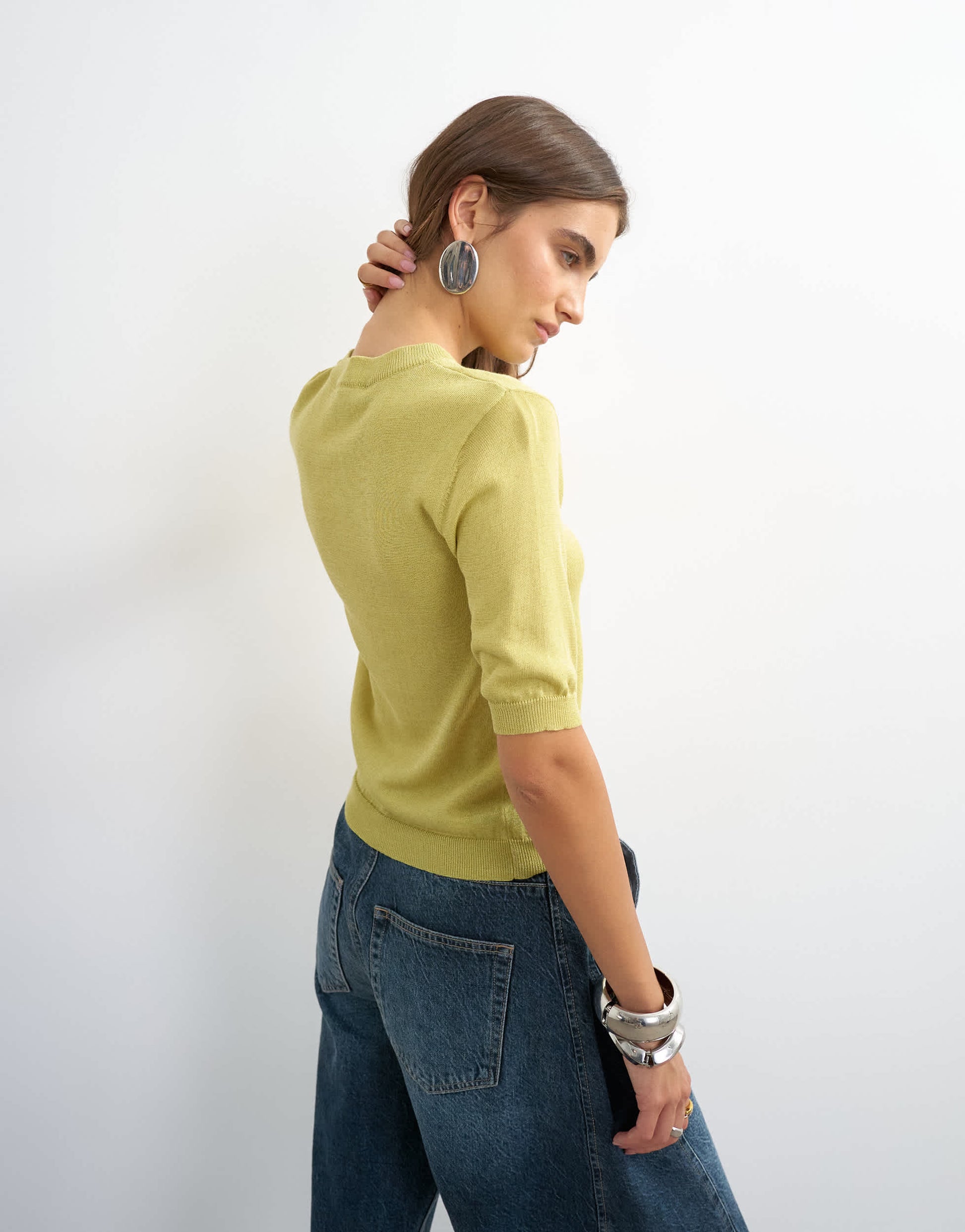 Topshop knitted short sleeve polo v neck top in lime