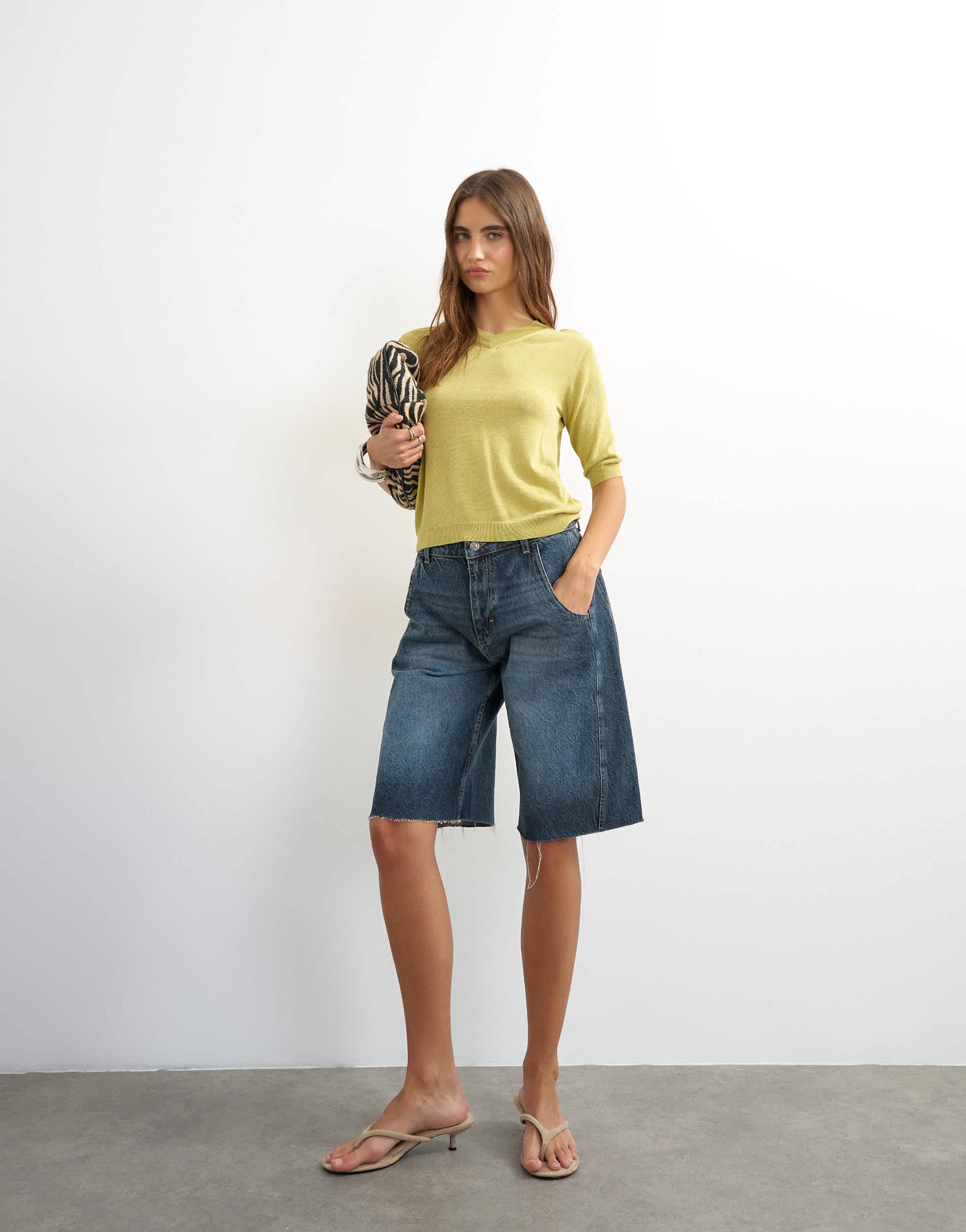 Topshop knitted short sleeve polo v neck top in lime