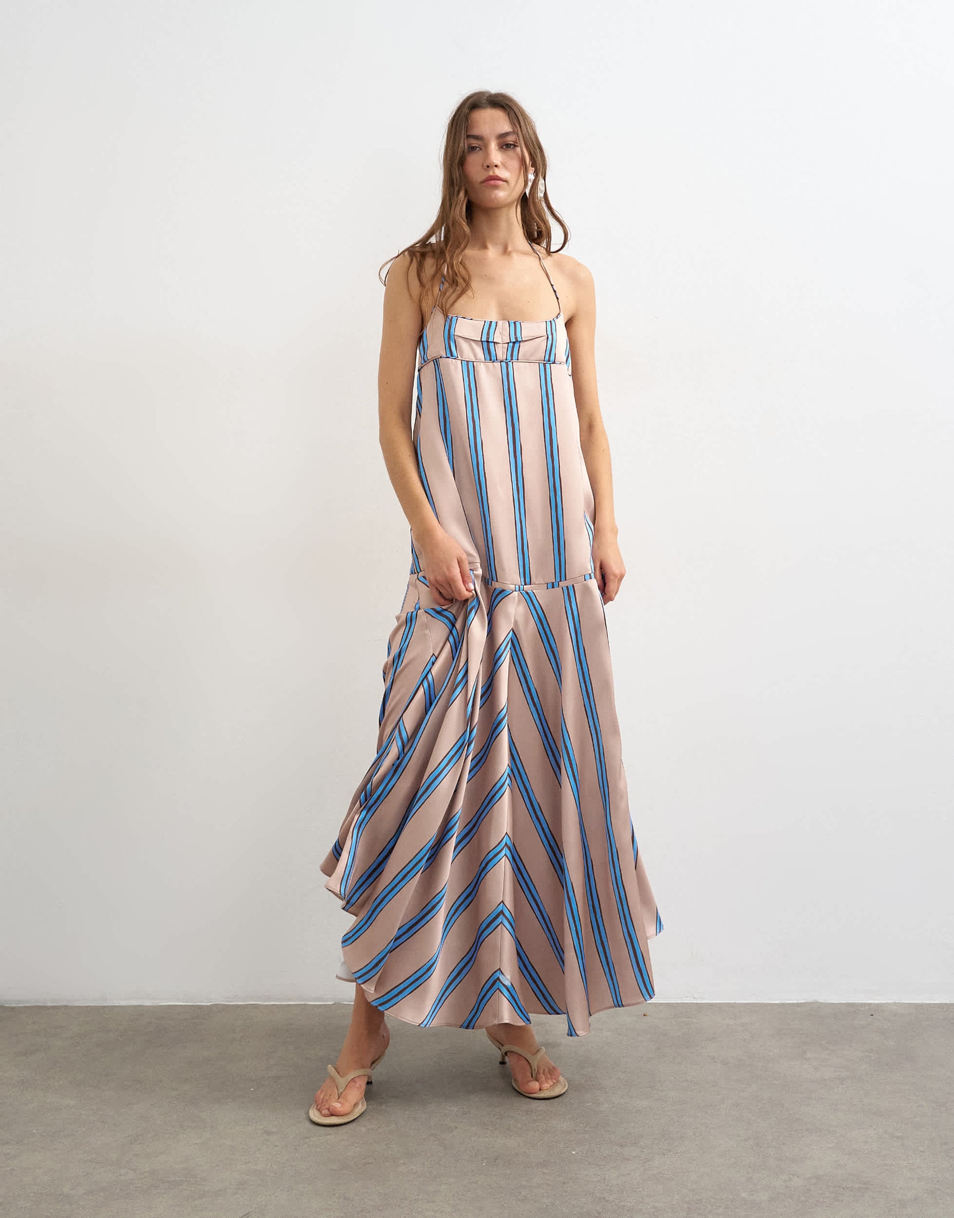 Topshop satin seamed maxi dress with piped edges in natural and blue stripe
