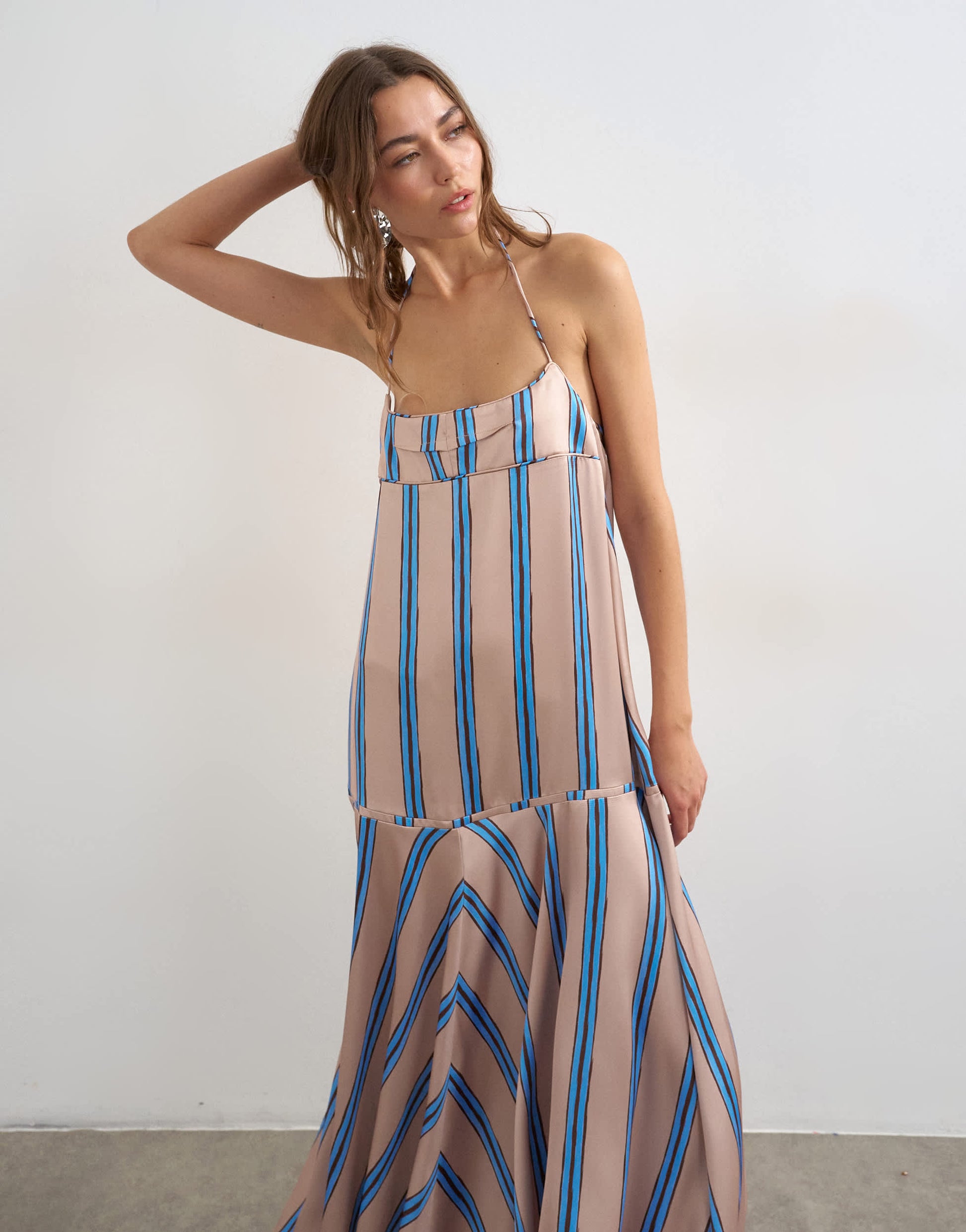 Topshop satin seamed maxi dress with piped edges in natural and blue stripe