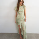Topshop premium chiffon high low maxi dress with smocking detail in green polka dot