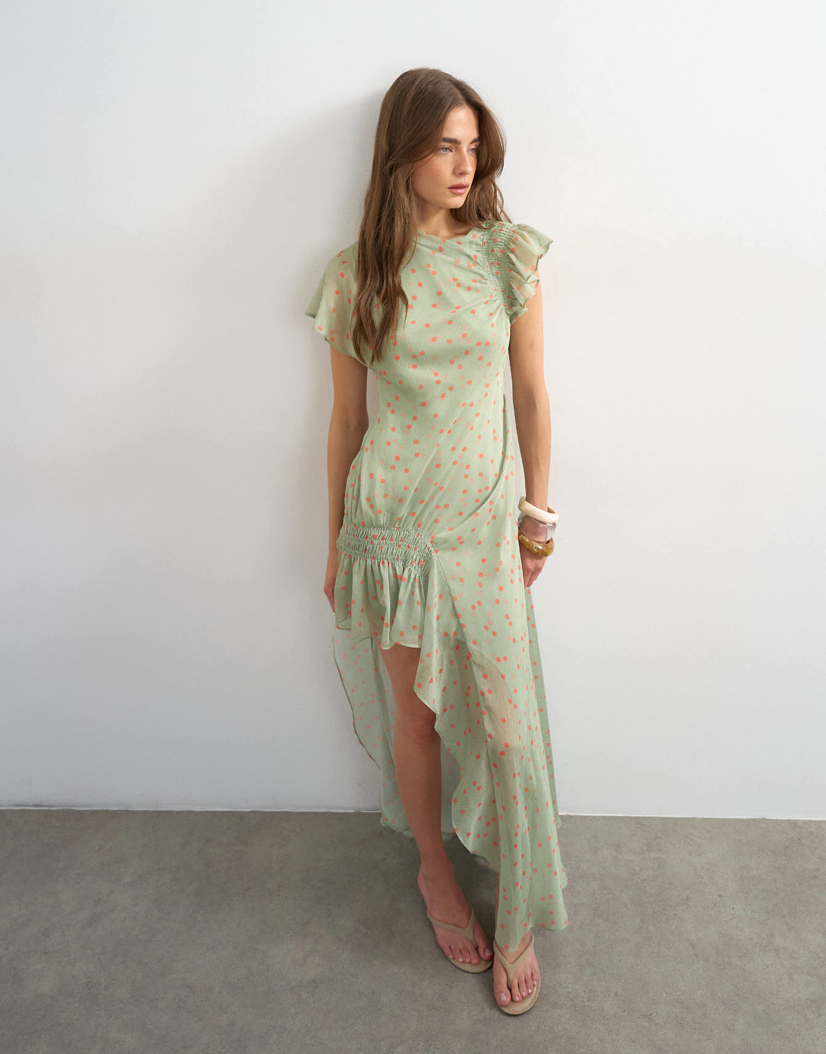 Topshop premium chiffon high low maxi dress with smocking detail in green polka dot