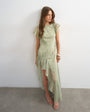 Topshop premium chiffon high low maxi dress with smocking detail in green polka dot