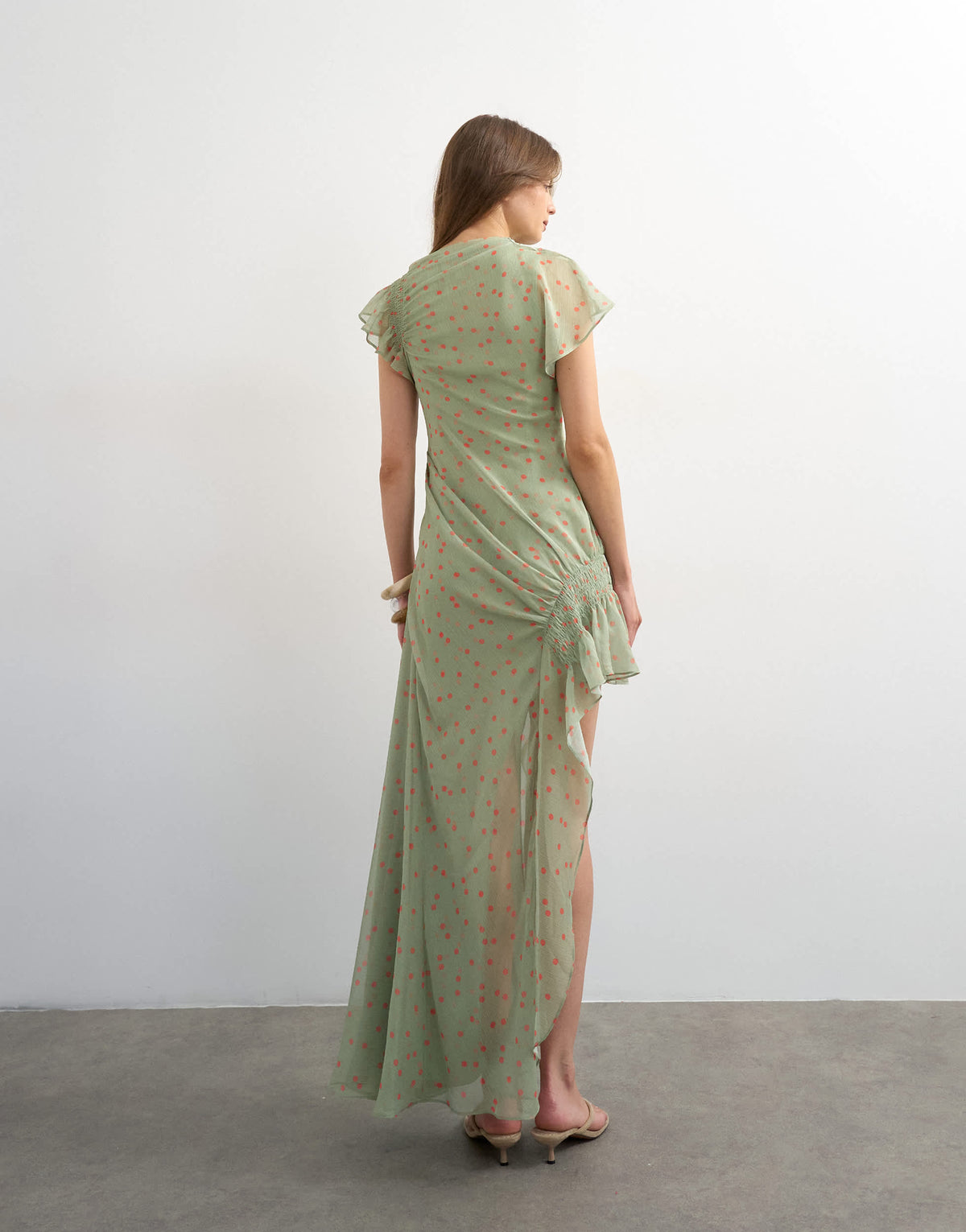 Topshop premium chiffon high low maxi dress with smocking detail in green polka dot