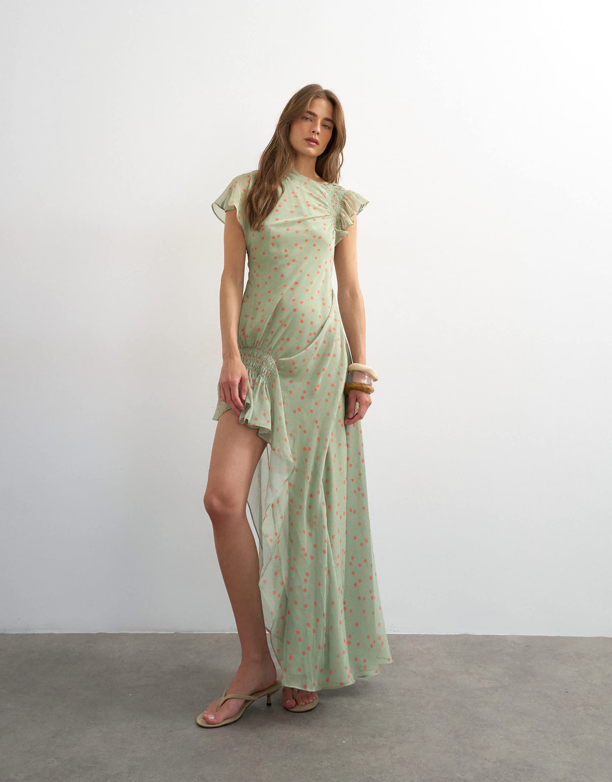 Topshop premium chiffon high low maxi dress with smocking detail in green polka dot