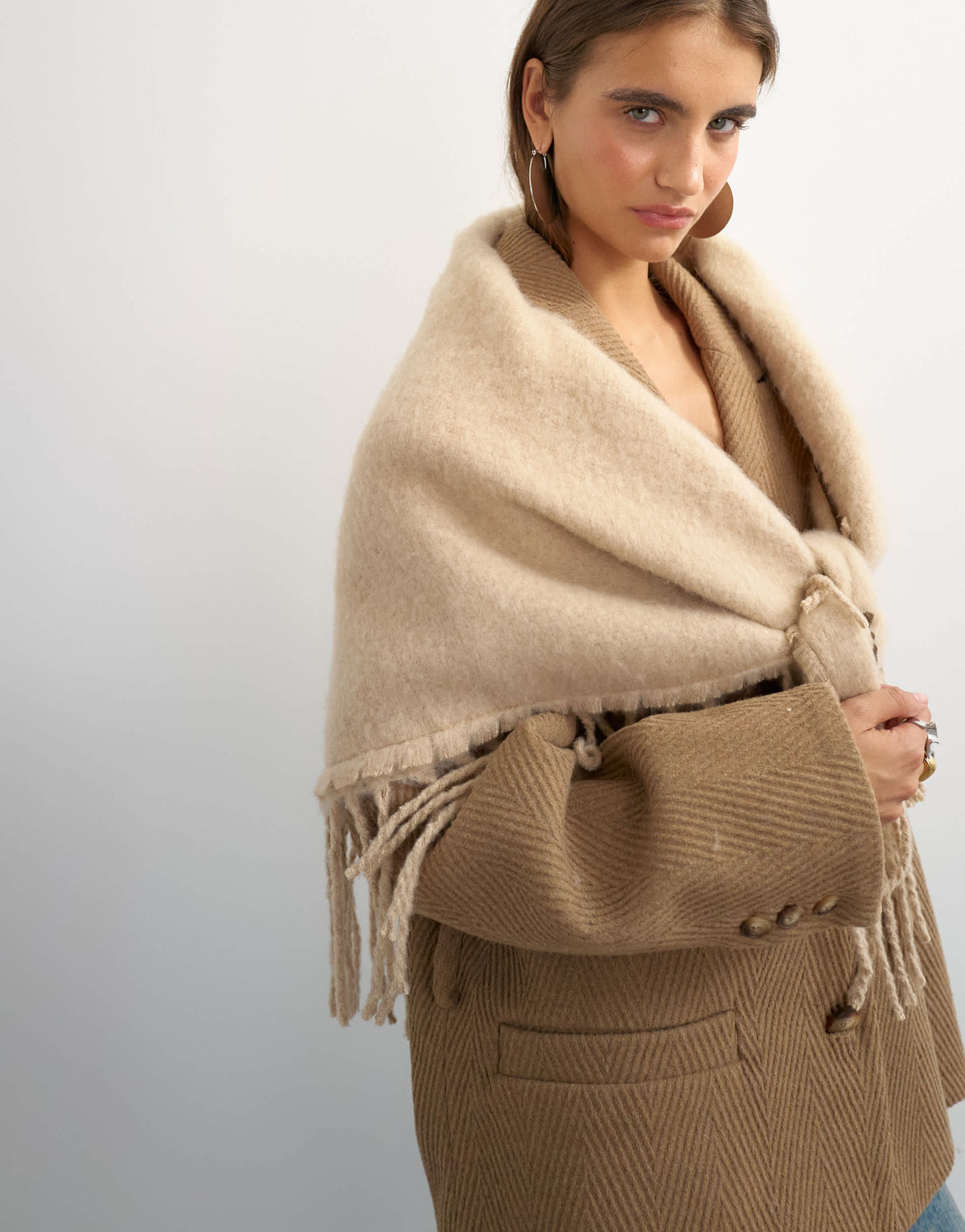 Topshop Susan fringe scarf in beige