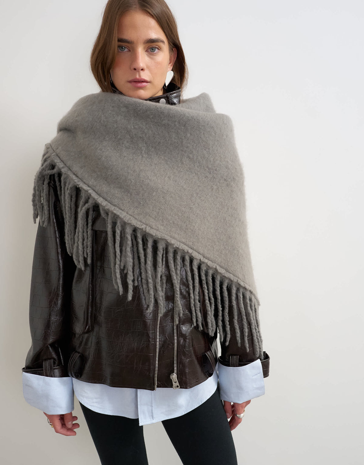Topshop Susan fringe scarf in charcoal