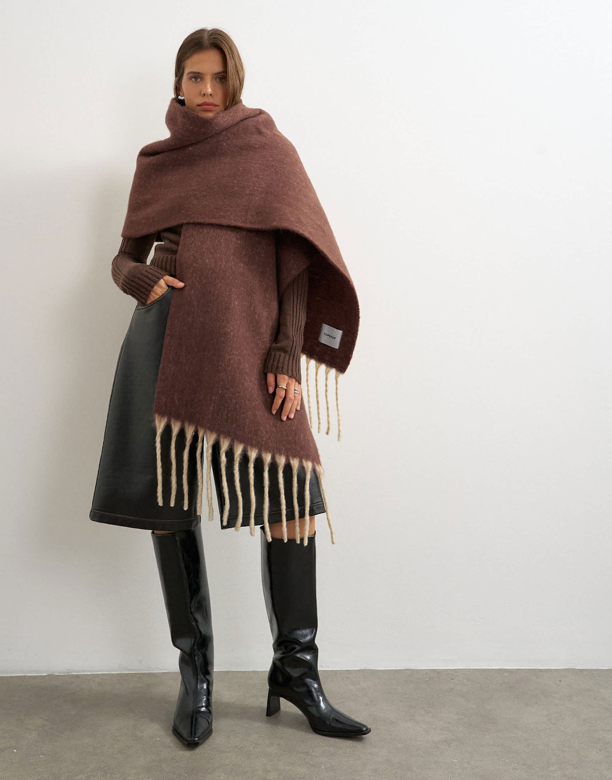 Topshop Sydney blanket scarf in chocolate and off white speckle