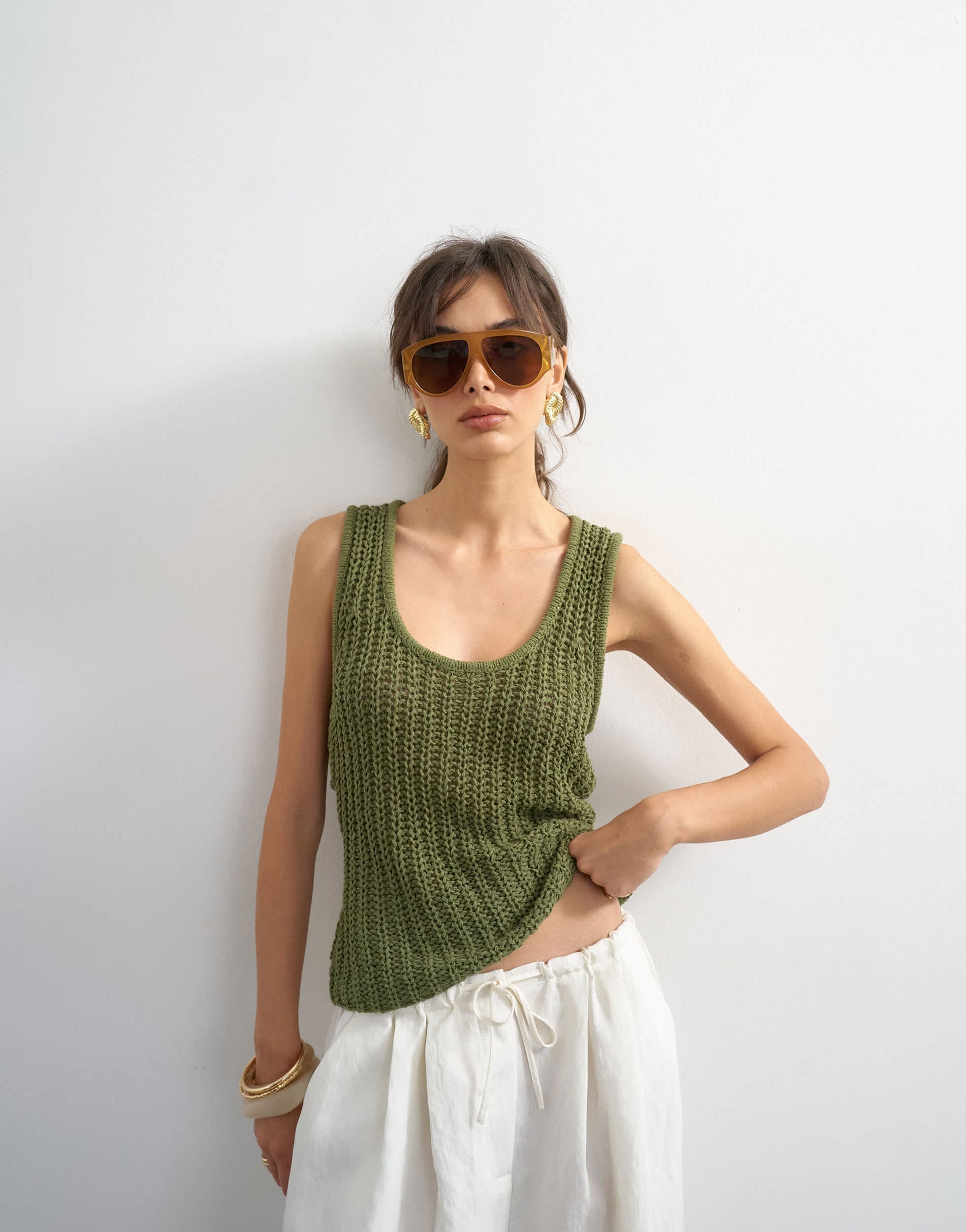 Topshop knitted low scoop crochet vest top in khaki