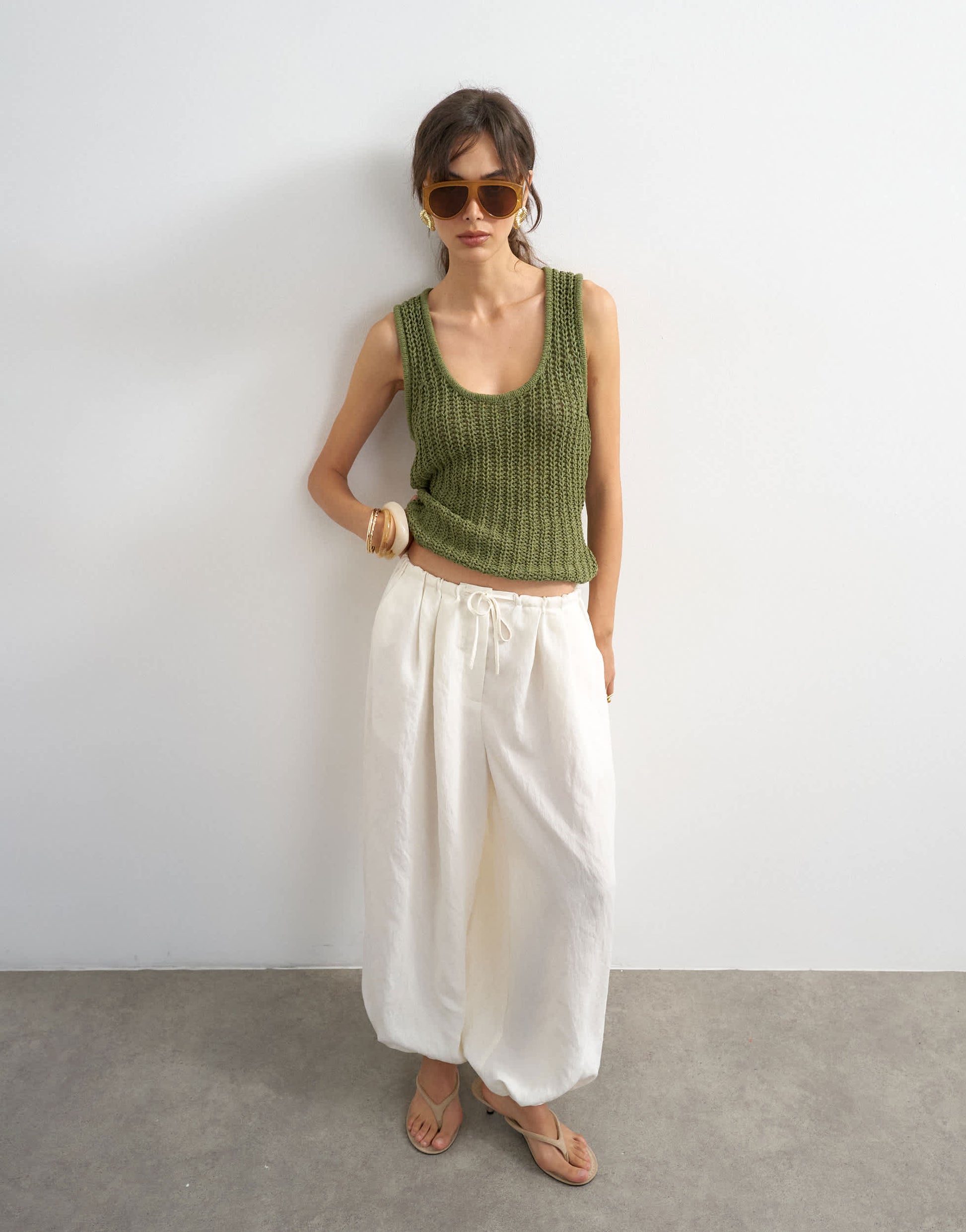 Topshop knitted low scoop crochet vest top in khaki