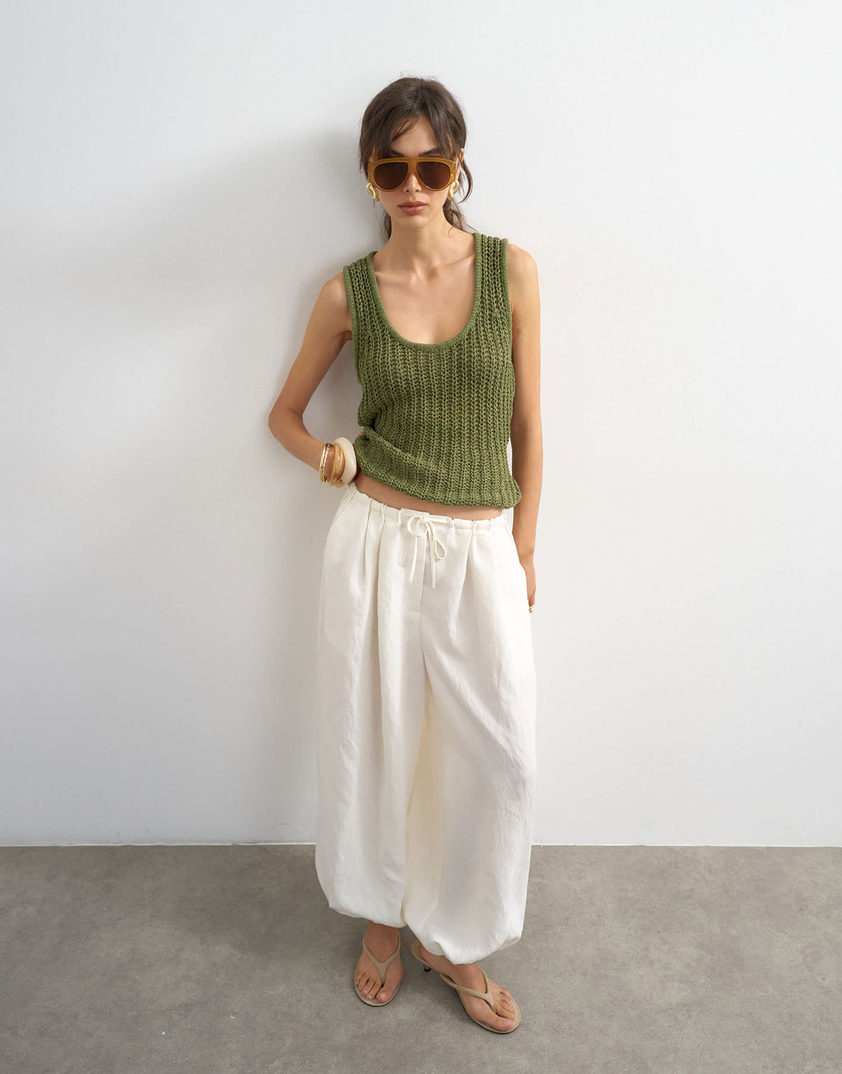 Topshop knitted low scoop crochet vest top in khaki