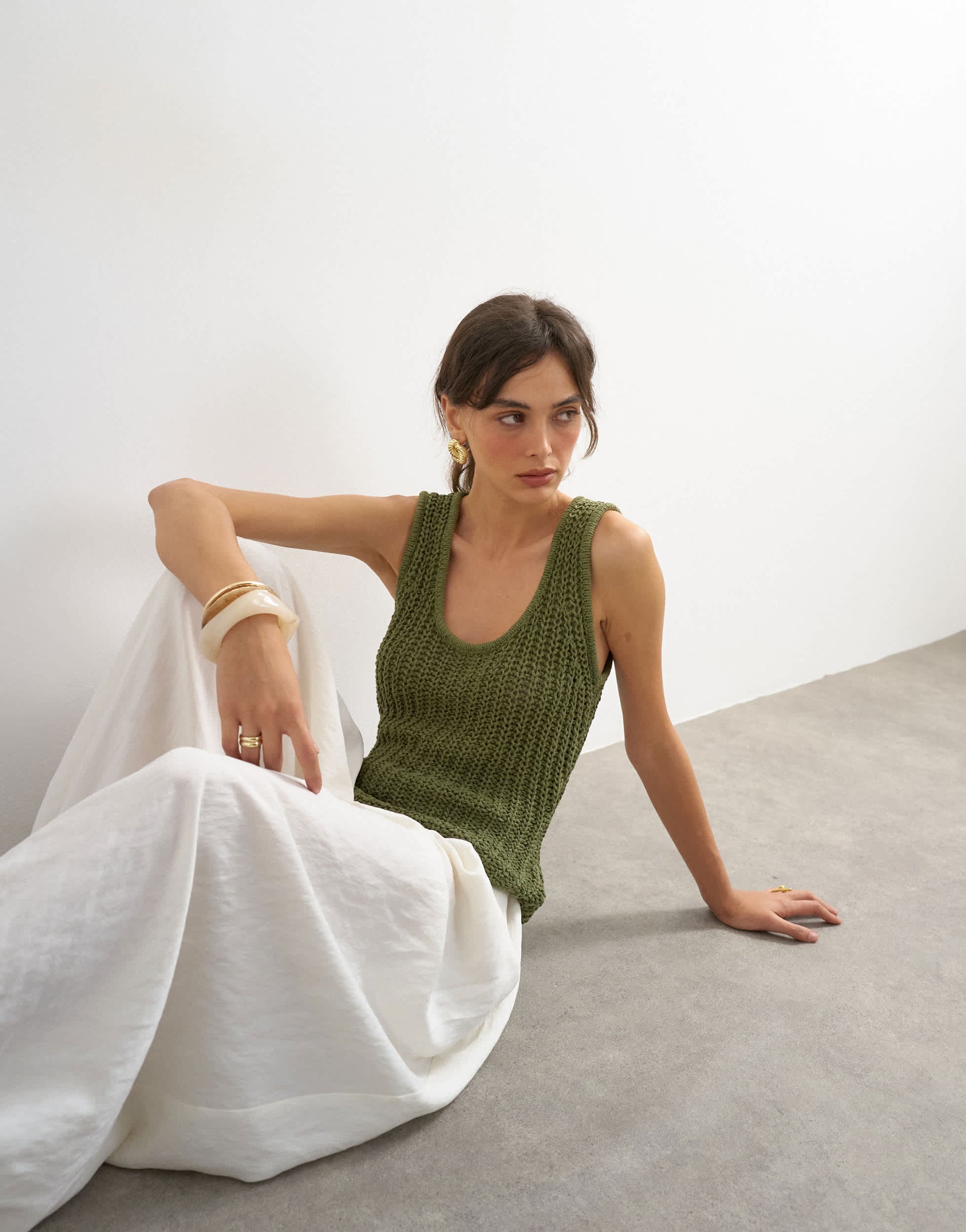 Topshop knitted low scoop crochet vest top in khaki