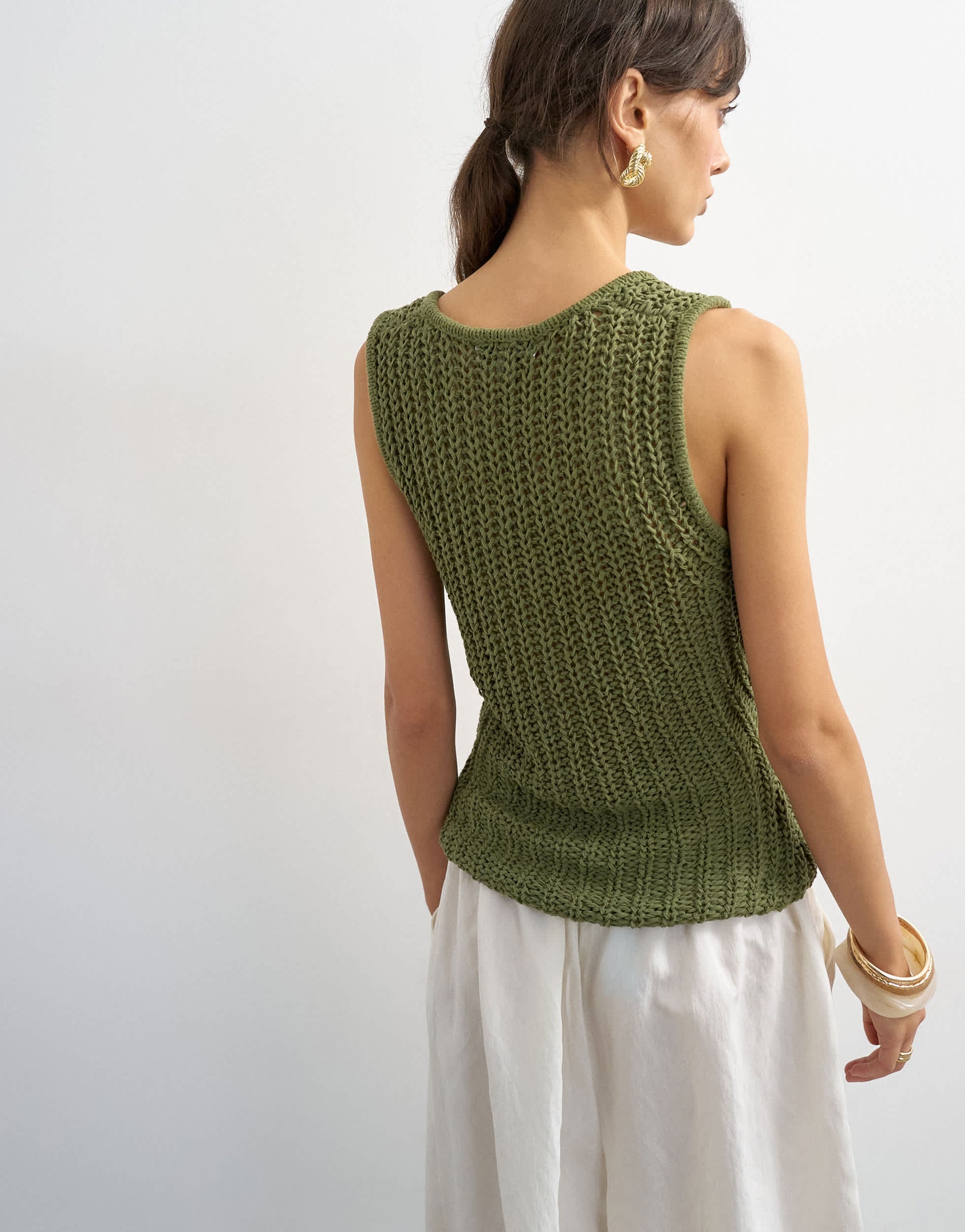 Topshop knitted low scoop crochet vest top in khaki