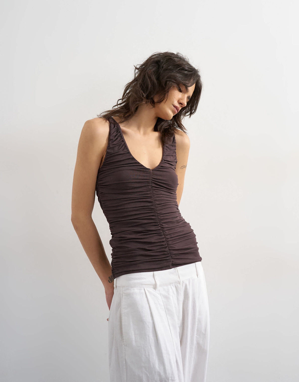 Topshop ruched v-neck tank top in dark chocolate