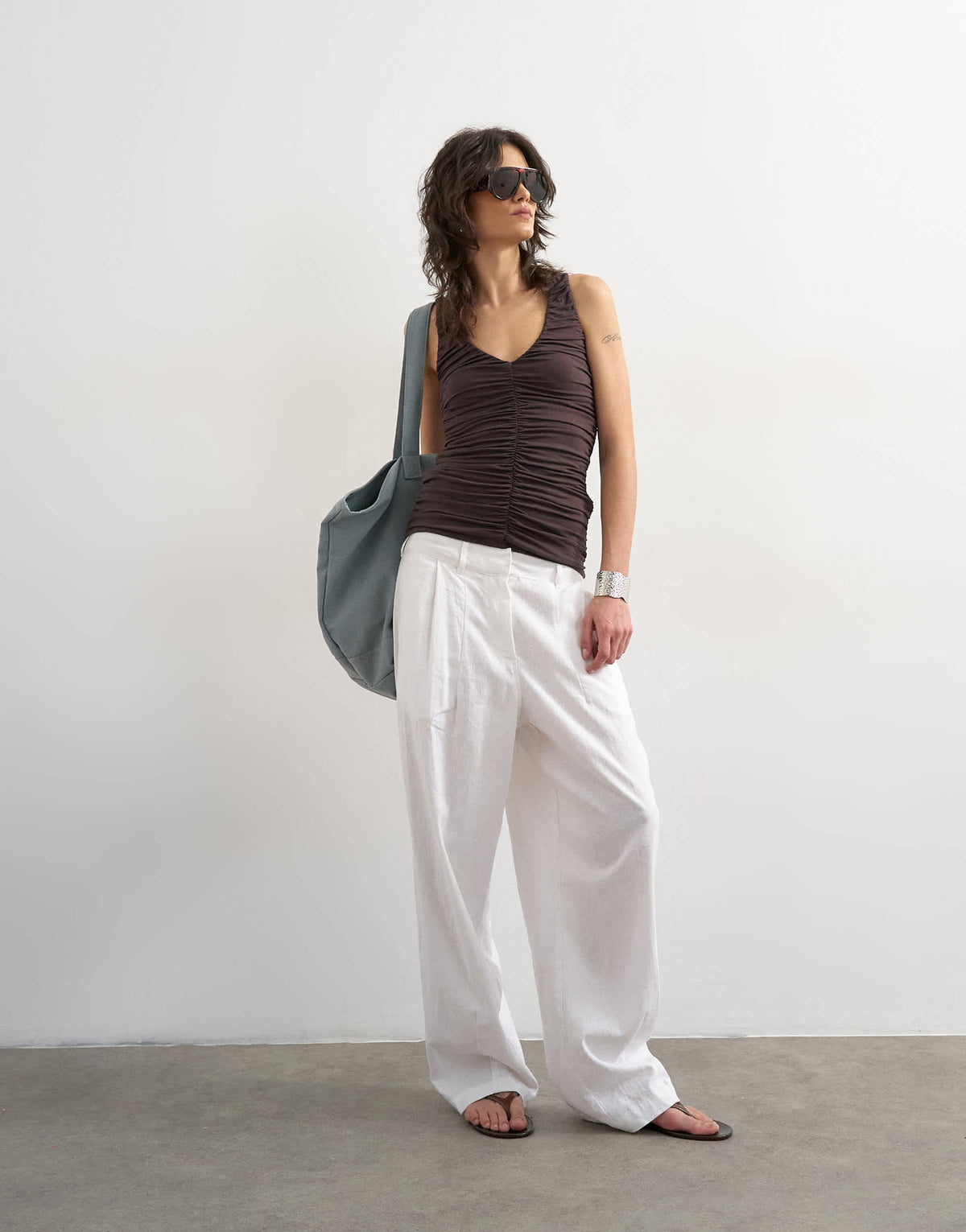 Topshop ruched v-neck tank top in dark chocolate