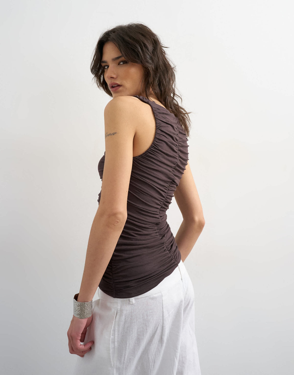 Topshop ruched v-neck tank top in dark chocolate
