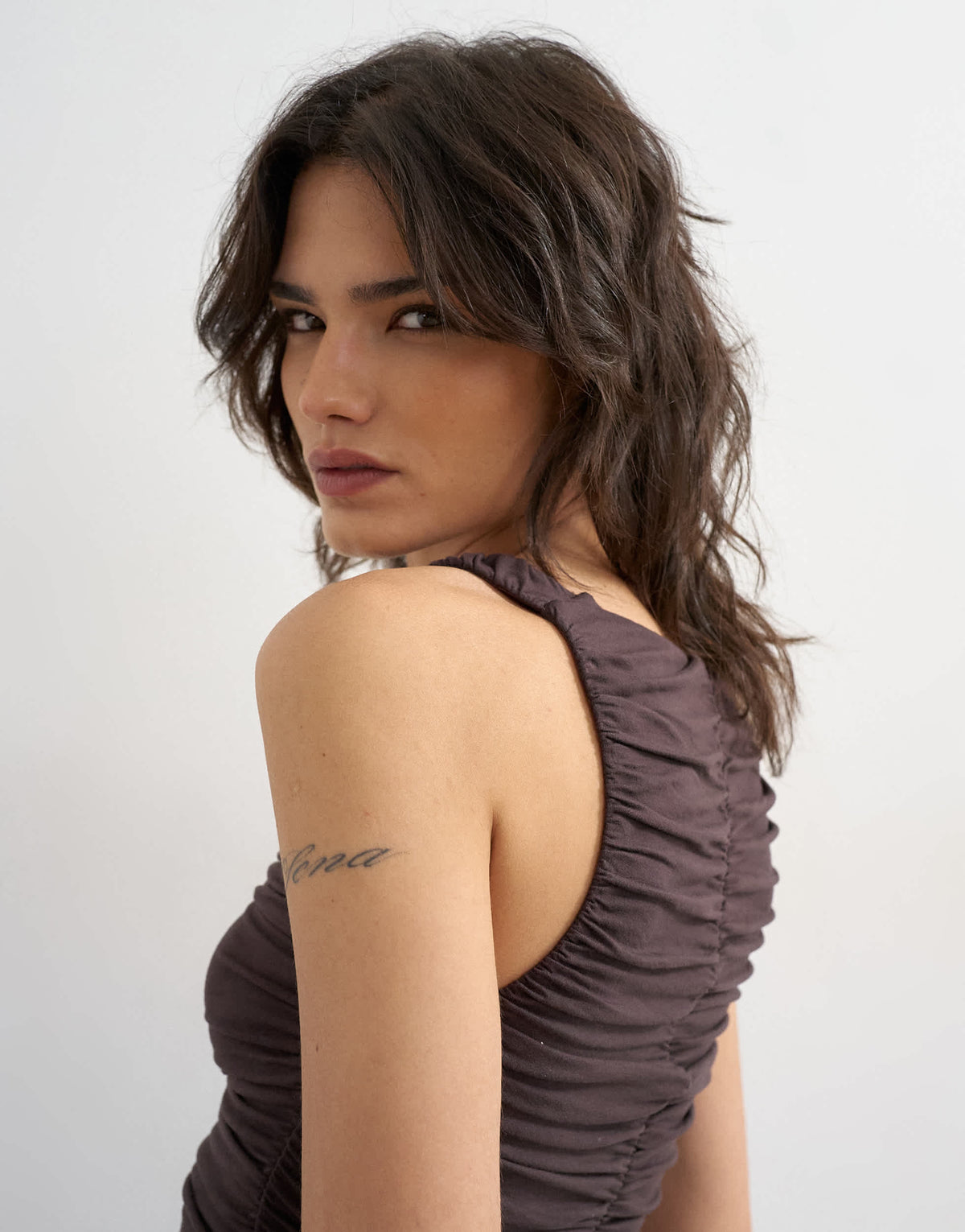 Topshop ruched v-neck tank top in dark chocolate
