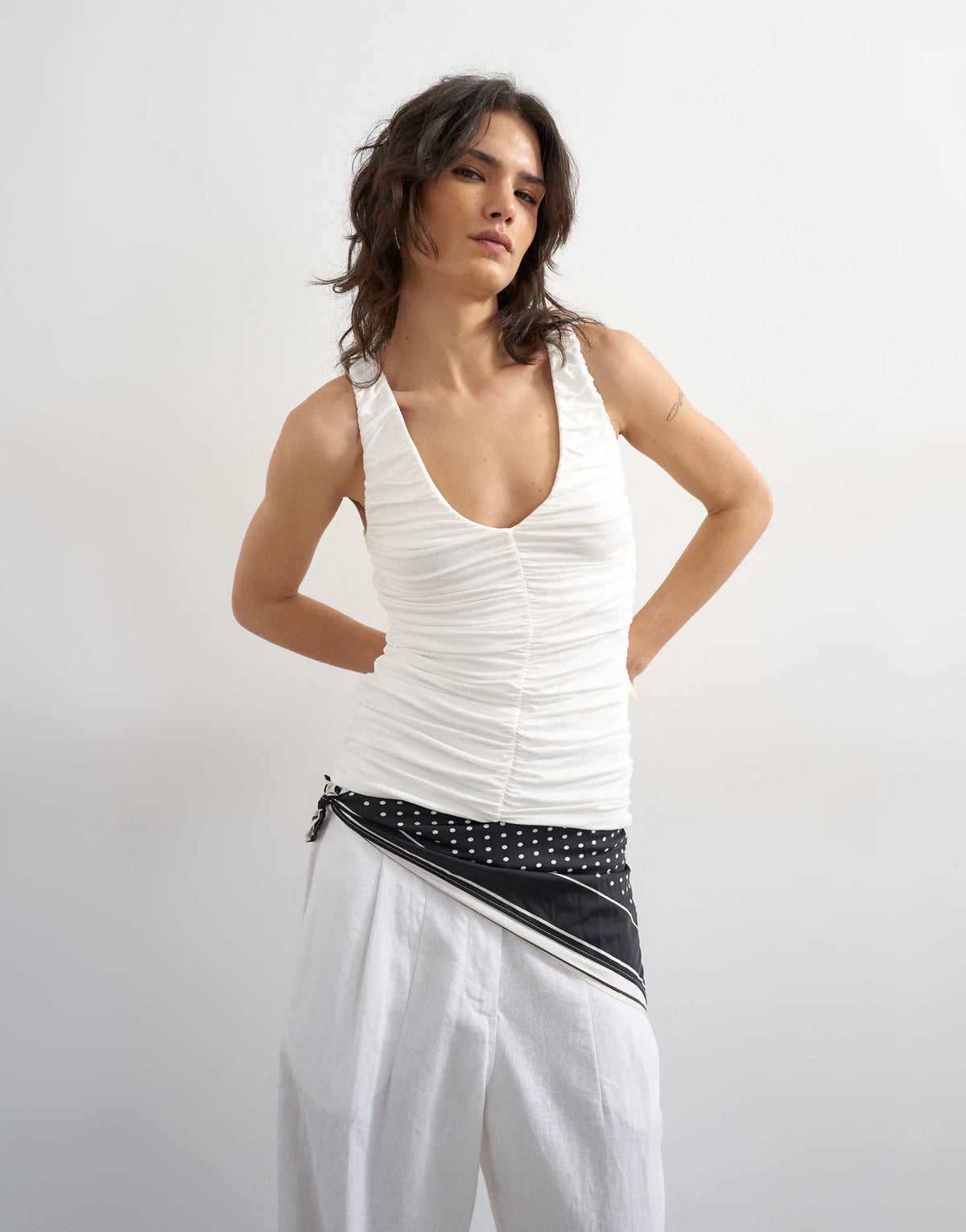Topshop ruched v-neck tank top in ivory