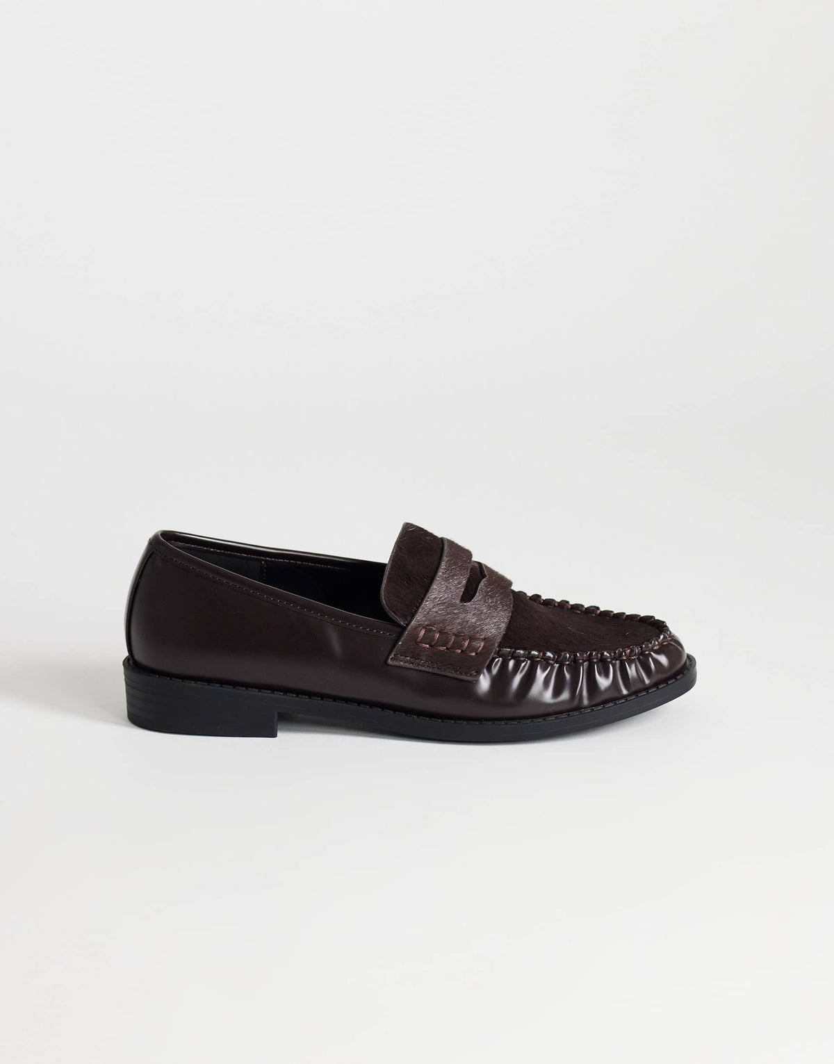 Topshop Dominic ruched loafer in chocolate hair on real leather