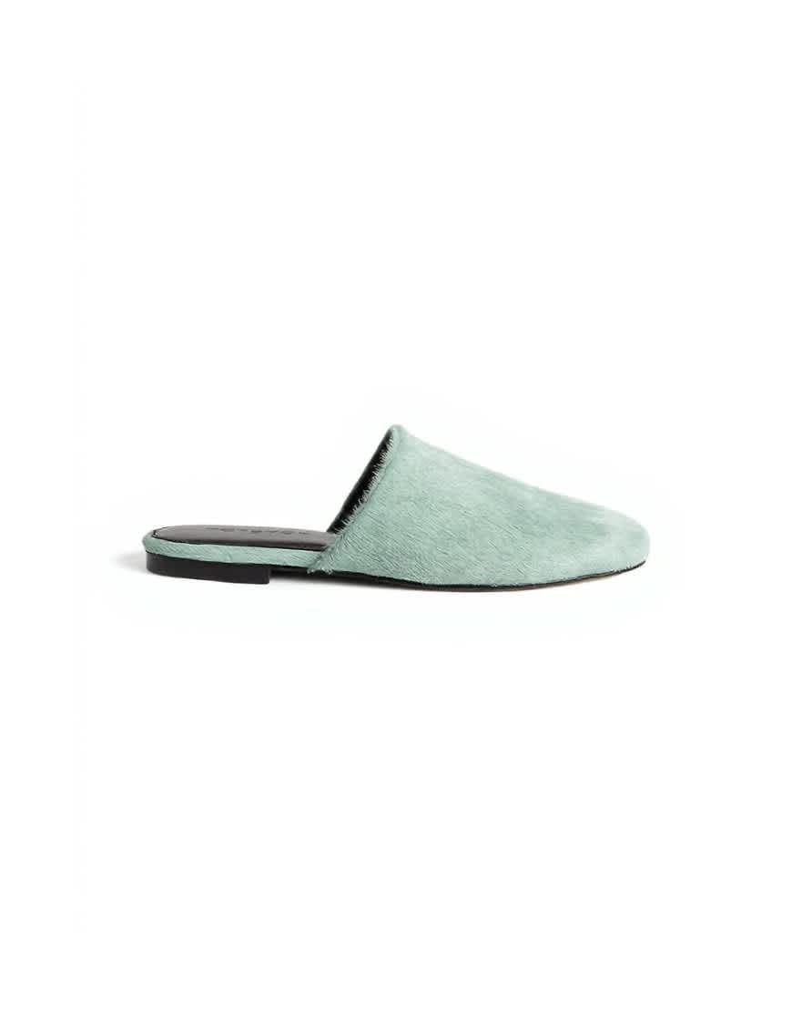 Topshop Lillie real hair on leather round toe flat shoe in aqua