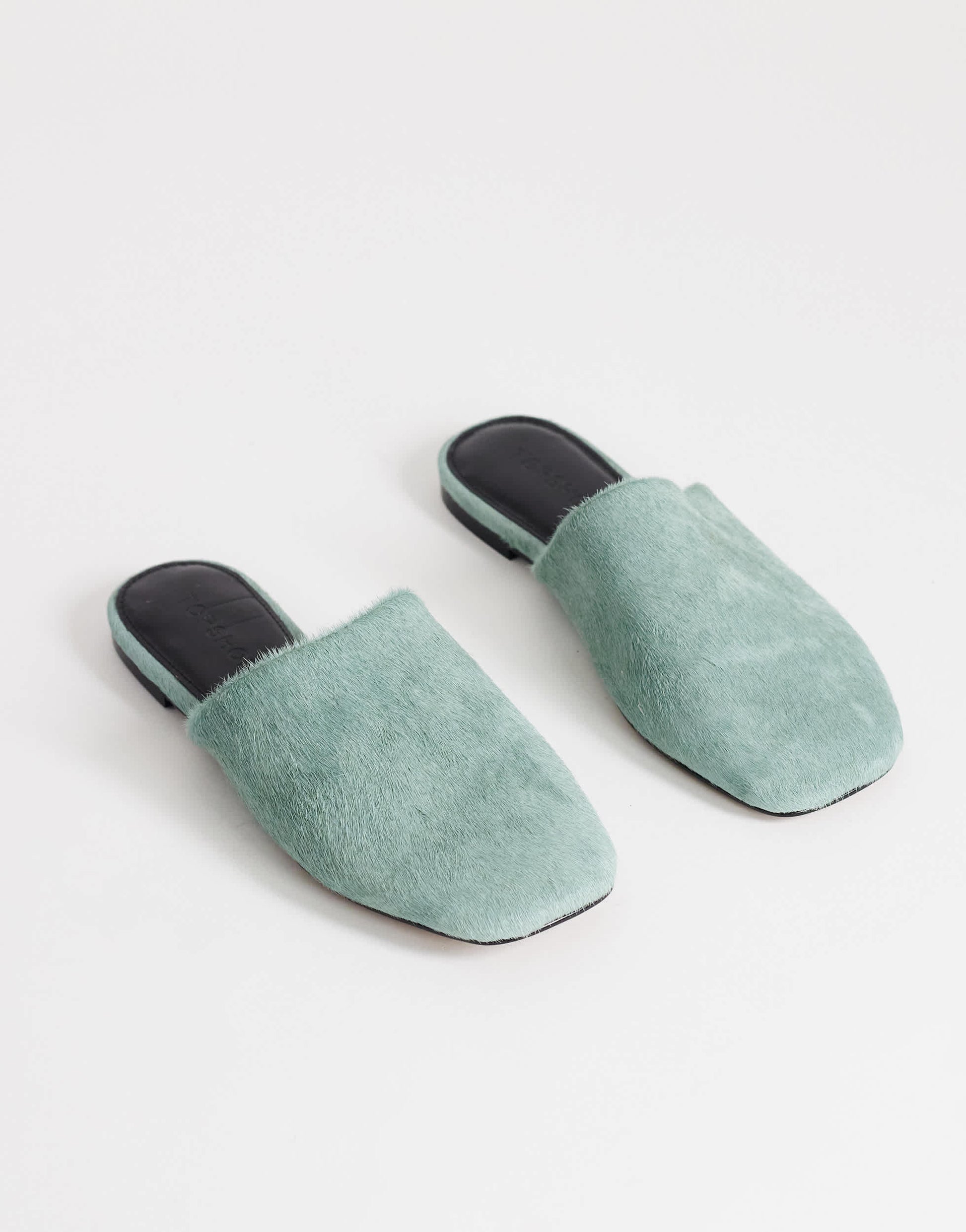 Topshop Lillie real hair on leather round toe flat shoe in aqua