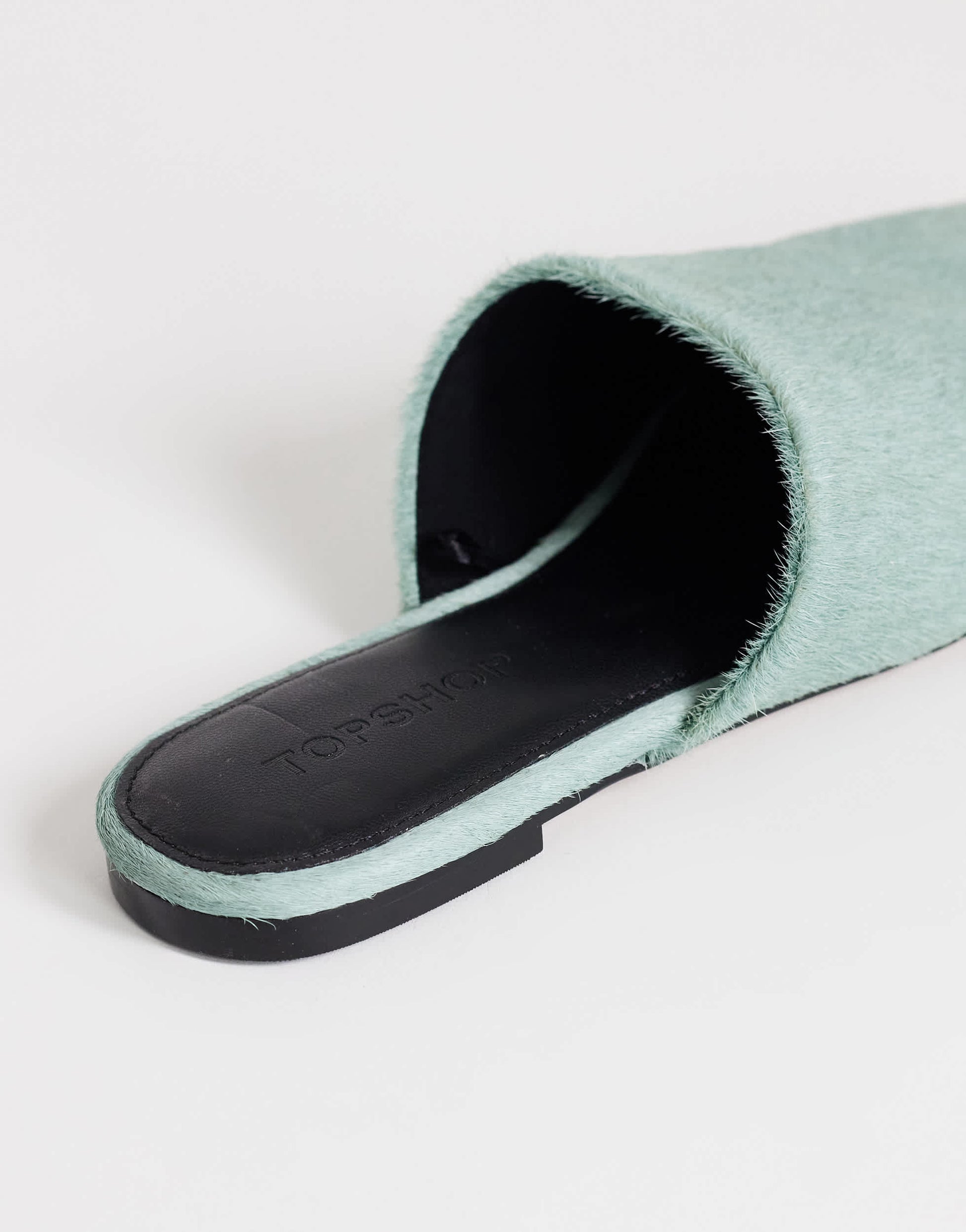 Topshop Lillie real hair on leather round toe flat shoe in aqua