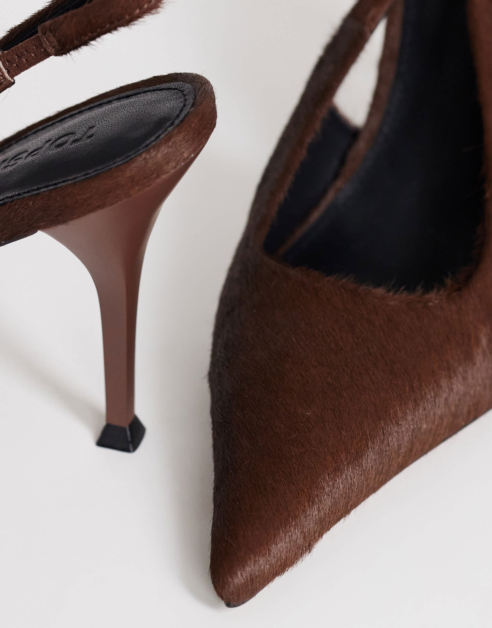 Topshop Anya sling back high heeled court shoe in chestnut hair on real leather