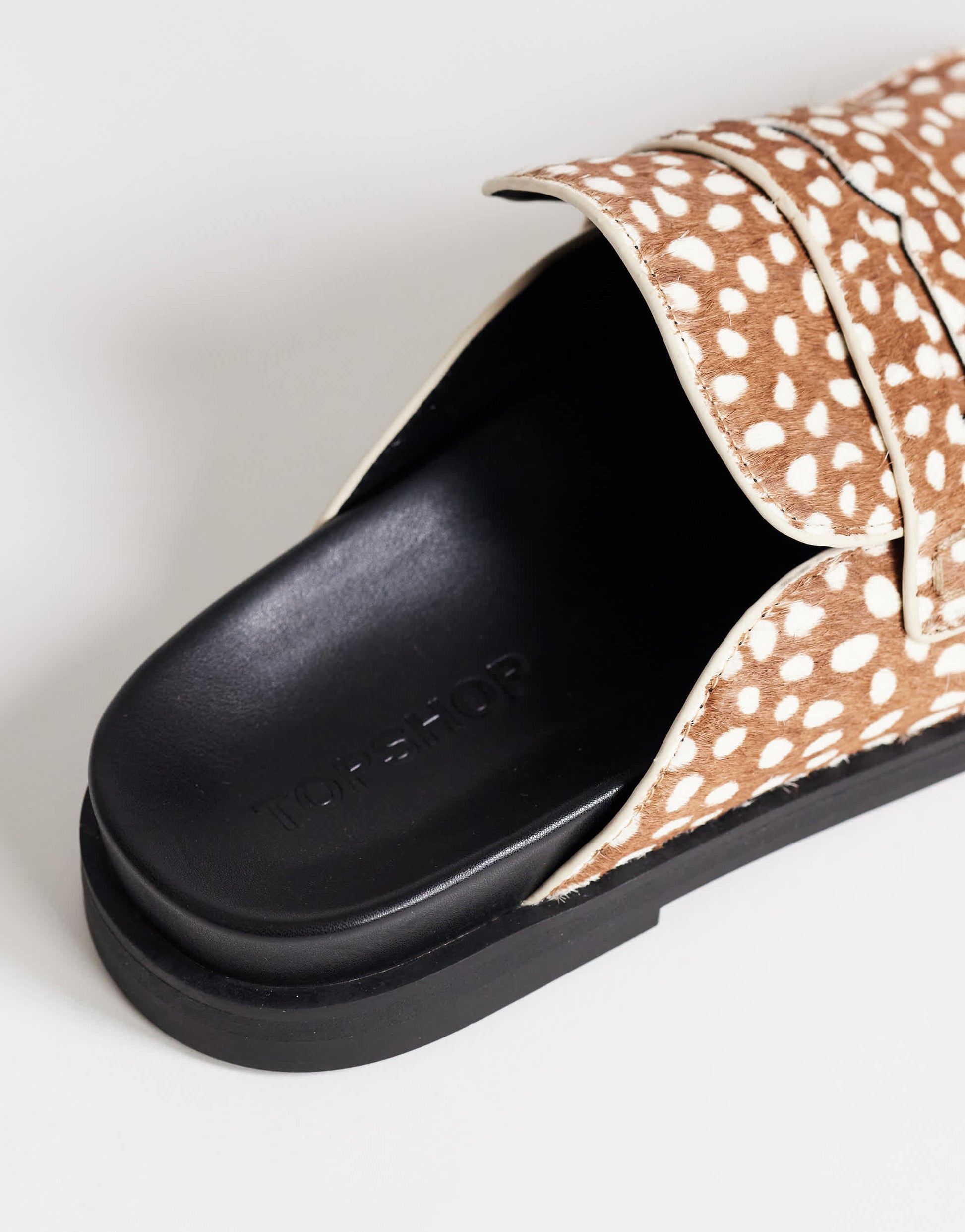 Topshop Addie hair on real leather mule loafer in mini deer print 