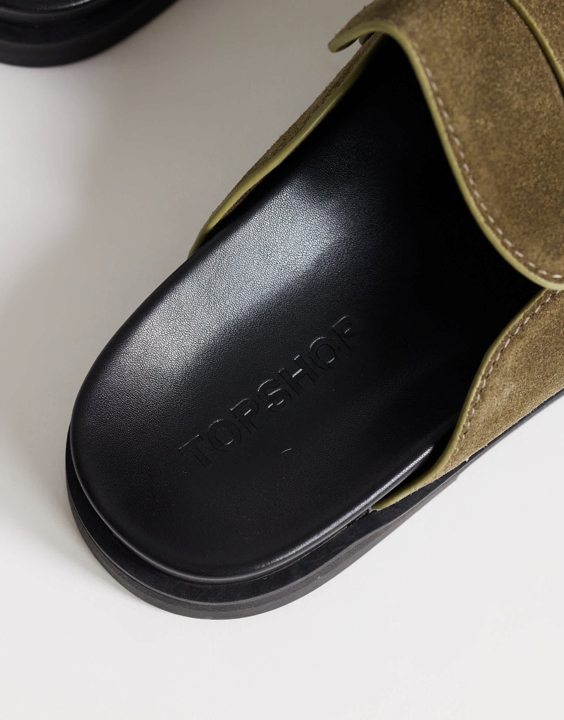 Topshop Addie real suede mule loafer in khaki