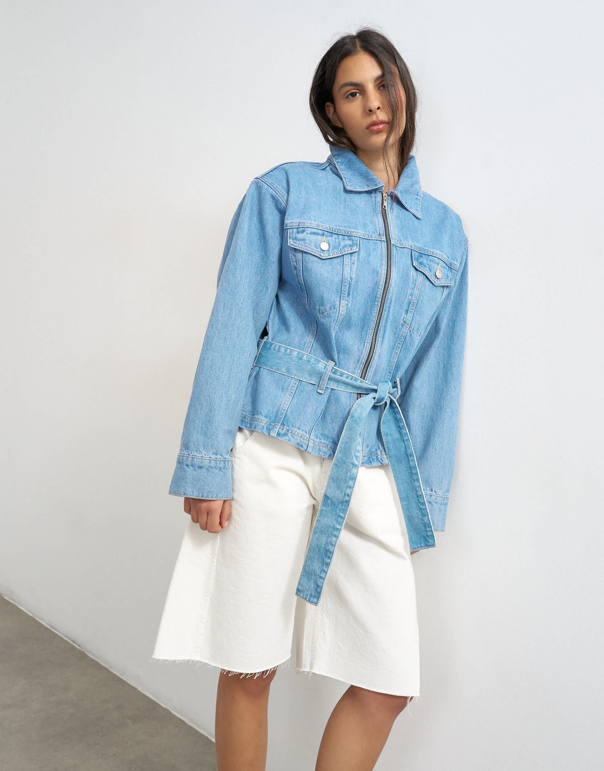 Topshop denim cinched shoulder pad jacket in bleach