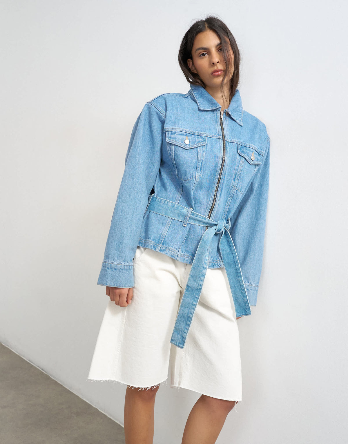 Topshop denim cinched shoulder pad jacket in bleach