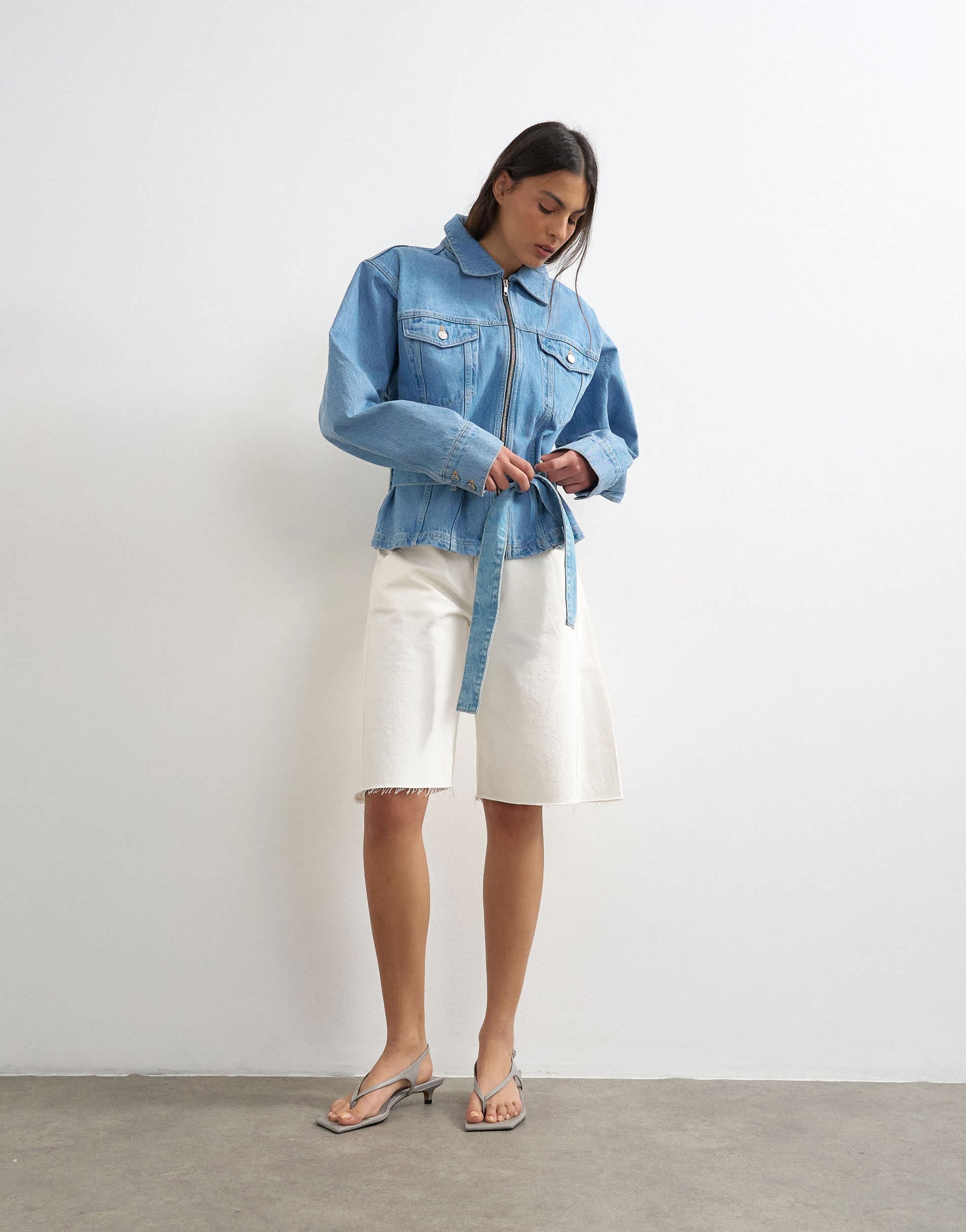 Topshop denim cinched shoulder pad jacket in bleach