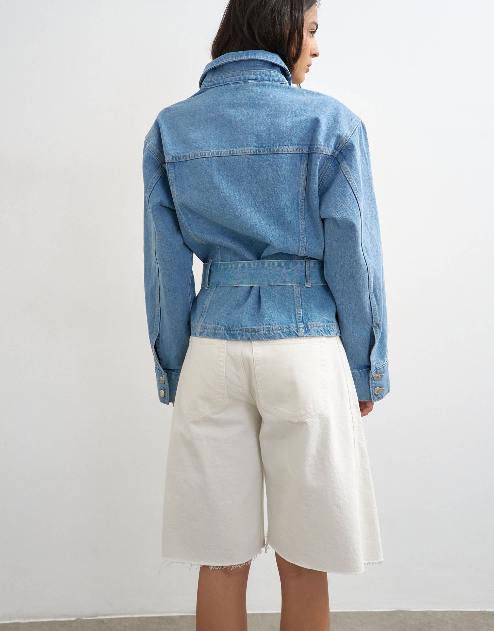 Topshop denim cinched shoulder pad jacket in bleach