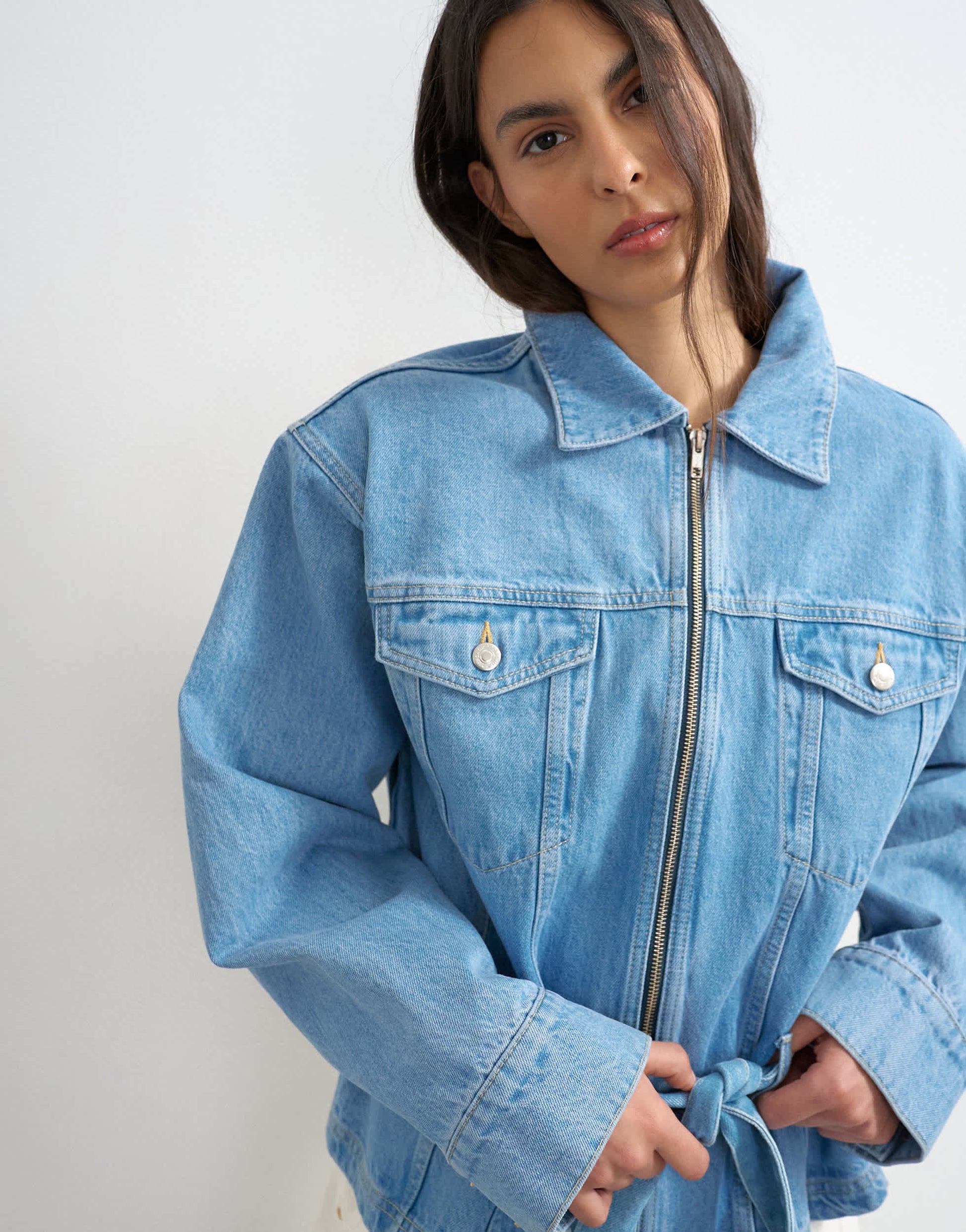 Topshop denim cinched shoulder pad jacket in bleach