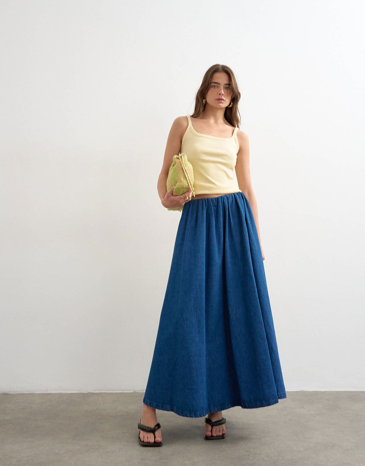 Topshop denim pull on circle skirt in mid blue